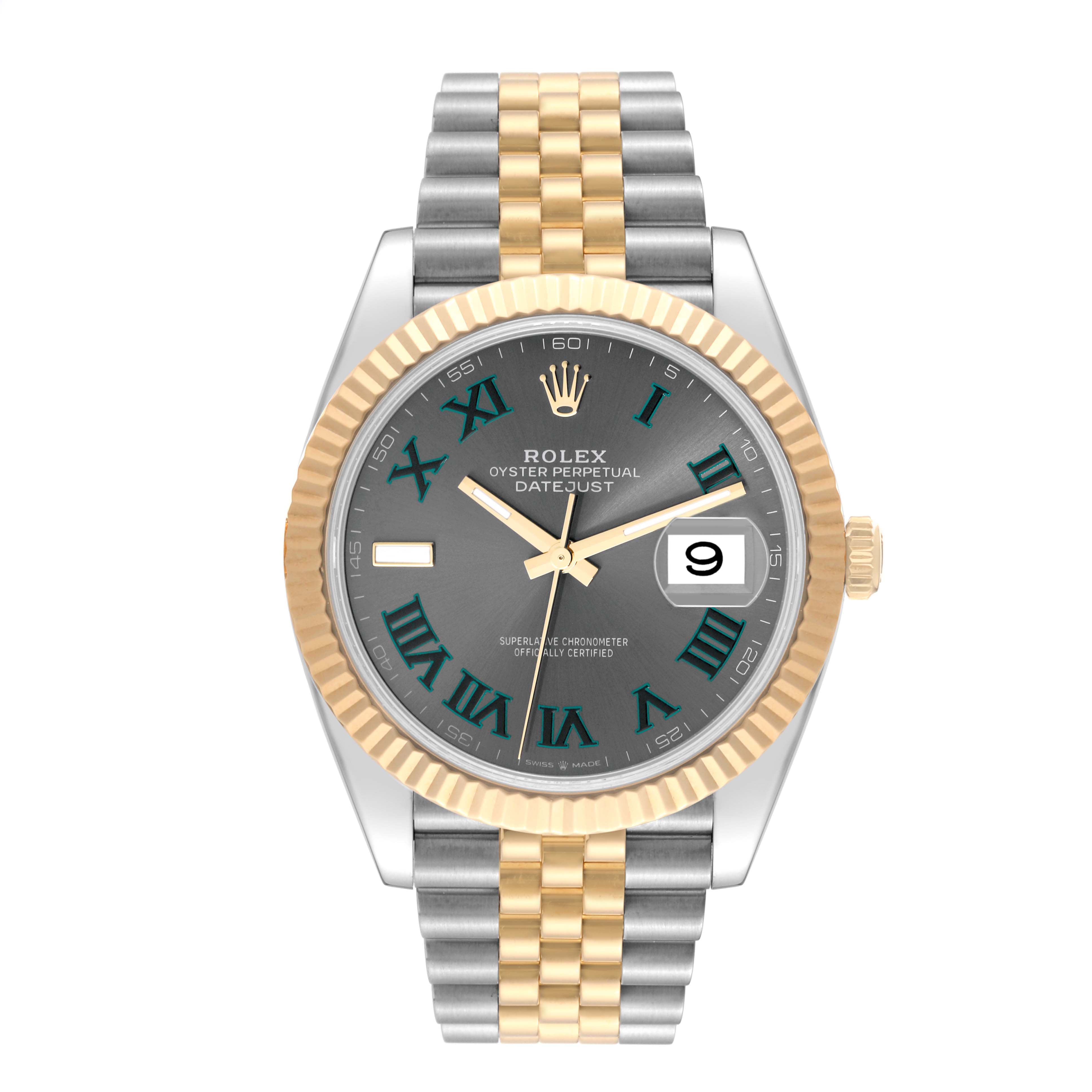 This image shows a front view of the Rolex Datejust 41 126333 Men's Steel and Gold (two tone) Grey Dial 126333 Men's Steel and Gold (two tone) Grey Dial watch featuring a gray dial, Roman numerals, date window, and a two-tone bracelet.