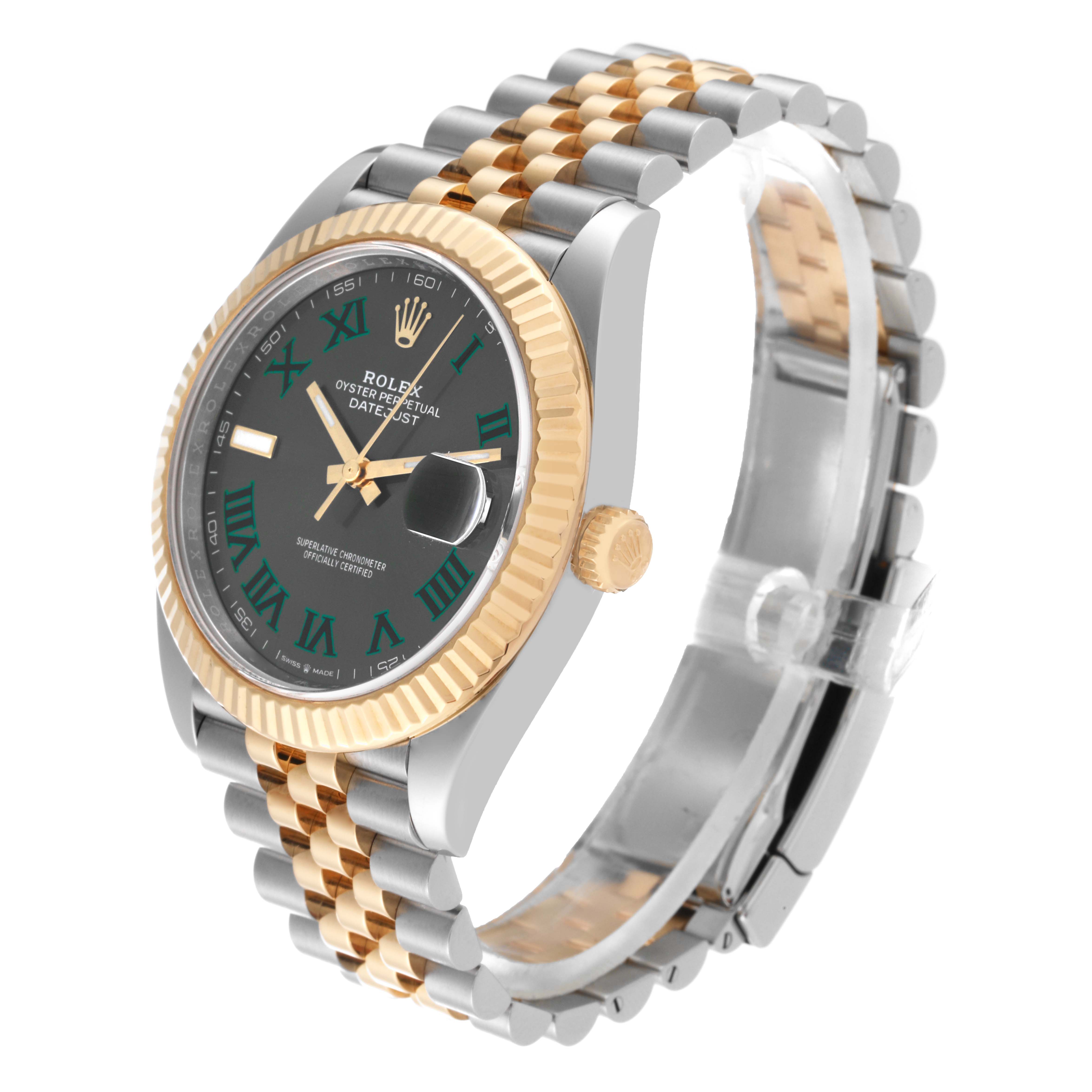 The image shows a side-angle view of a Rolex Datejust 41 126333 Men's Steel and Gold (two tone) Grey Dial 126333 Men's Steel and Gold (two tone) Grey Dial, highlighting the face, bezel, crown, and Jubilee bracelet in two-tone gold and steel.