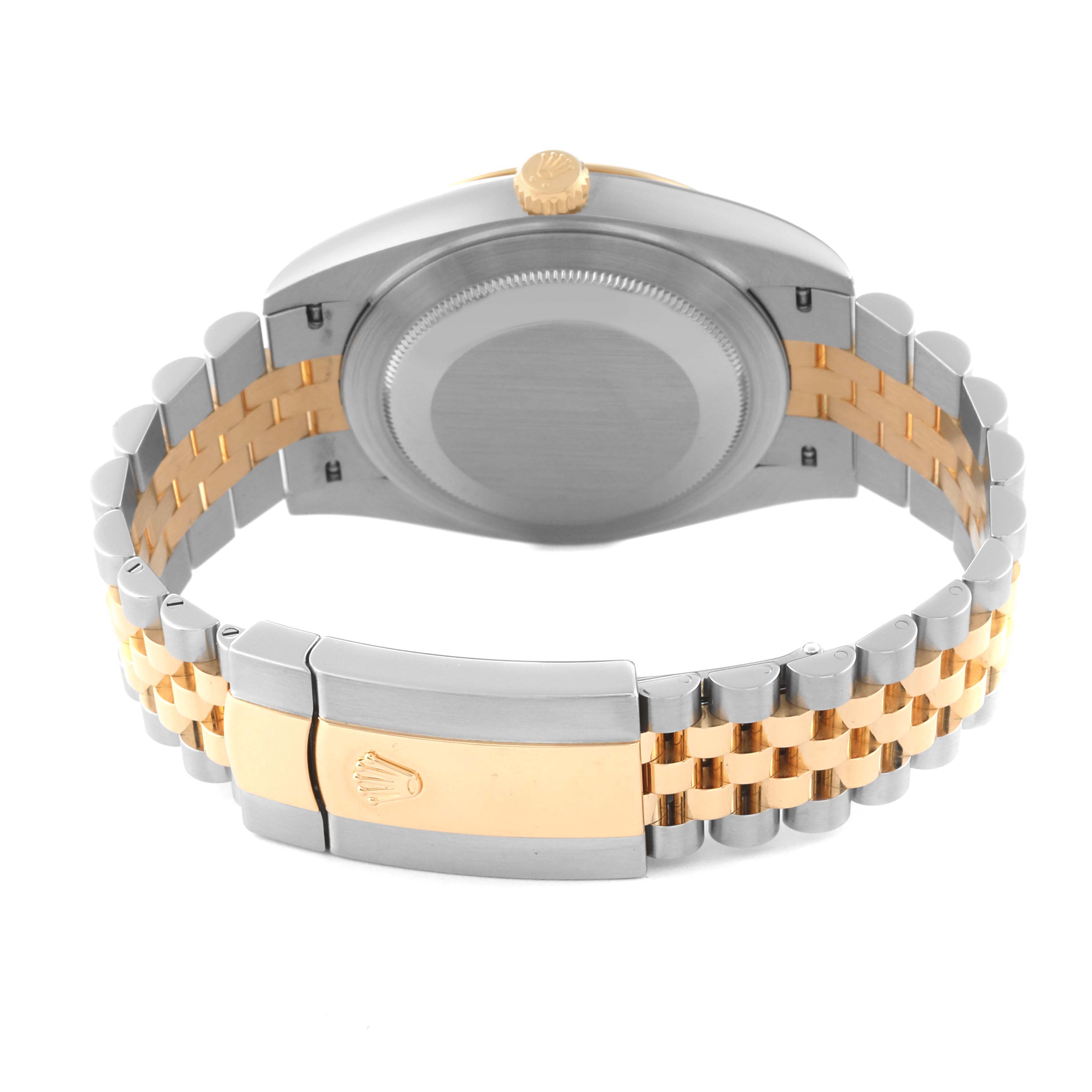 The image shows the back view of a Rolex Datejust 41 126333 Men's Steel and Gold (two tone) Grey Dial 126333 Men's Steel and Gold (two tone) Grey Dial watch, highlighting the case back, crown, and two-tone bracelet with a clasp.