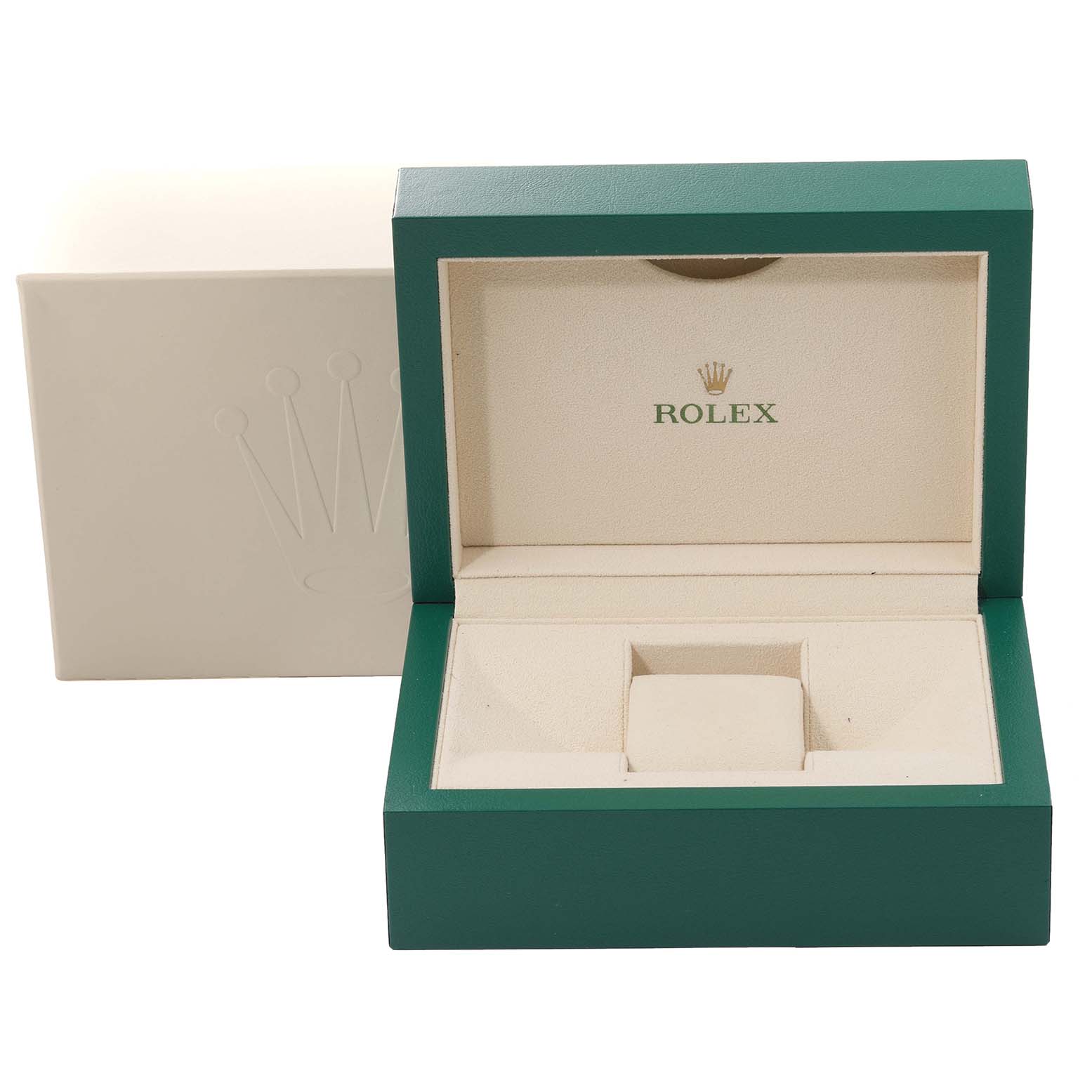This image shows an open Rolex Datejust 41 126333 Men's Steel and Gold (two tone) Grey Dial 126333 Men's Steel and Gold (two tone) Grey Dial watch box from a front angle, revealing the interior and the Rolex logo.