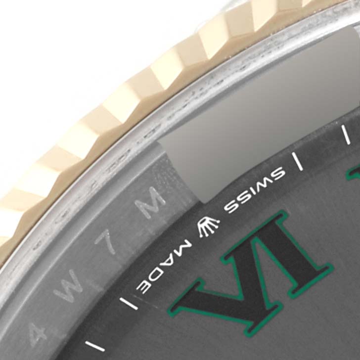 The image shows a close-up of the dial and fluted bezel of a Rolex Datejust 41 126333 Men's Steel and Gold (two tone) Grey Dial 126333 Men's Steel and Gold (two tone) Grey Dial watch.