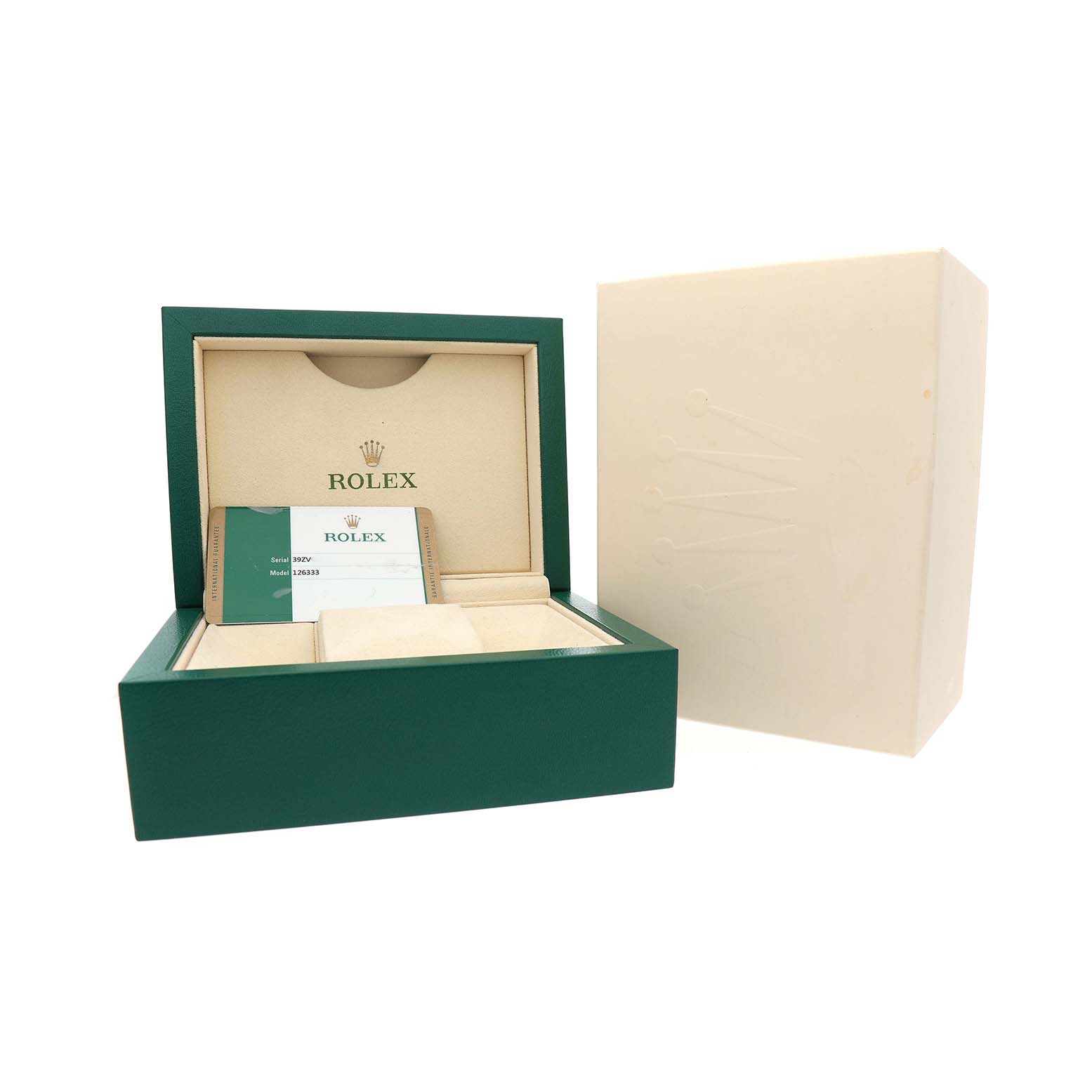 The image shows a Rolex Datejust 41 126333 Men's Steel and Gold (two tone) Grey Dial box from a front angle with the warranty card visible inside.