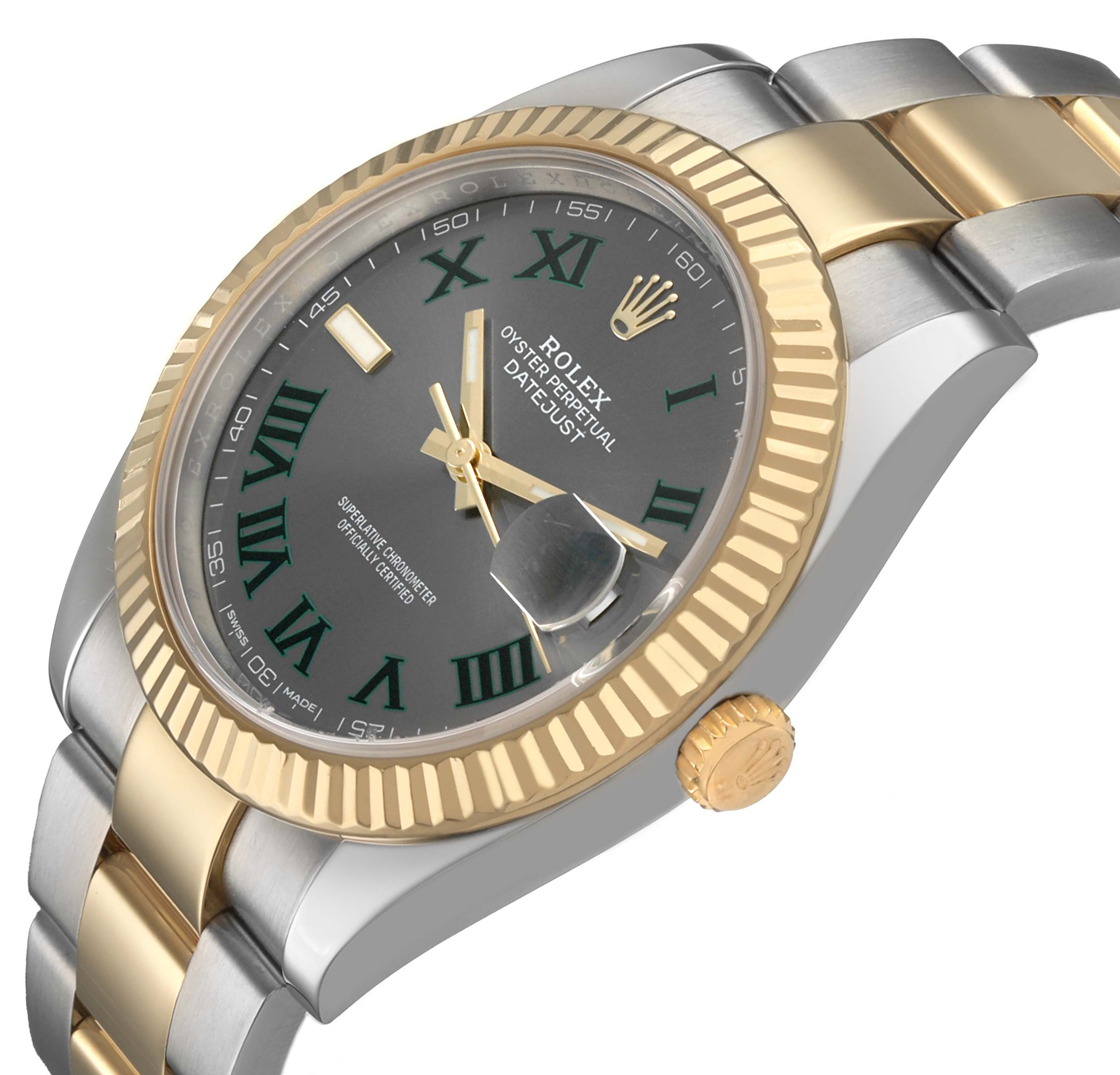 The Rolex Datejust 41 126333 Men's Steel and Gold (two tone) Grey Dial is shown from an angled side view, highlighting the fluted bezel, dial, and bracelet.