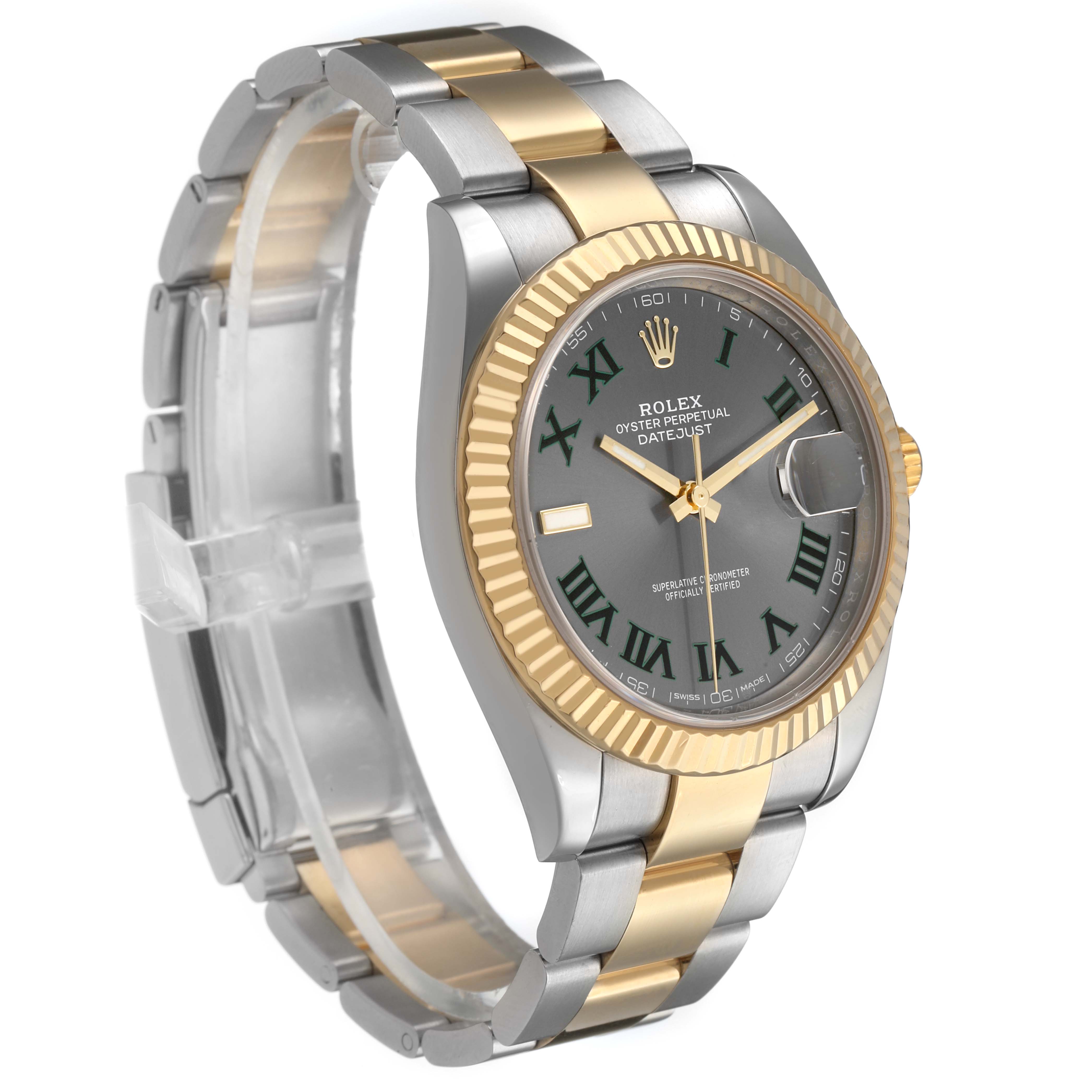 The Rolex Datejust 41 126333 Men's Steel and Gold (two tone) Grey Dial is shown at a slight angle, highlighting its gold fluted bezel, gray dial, and two-tone bracelet.
