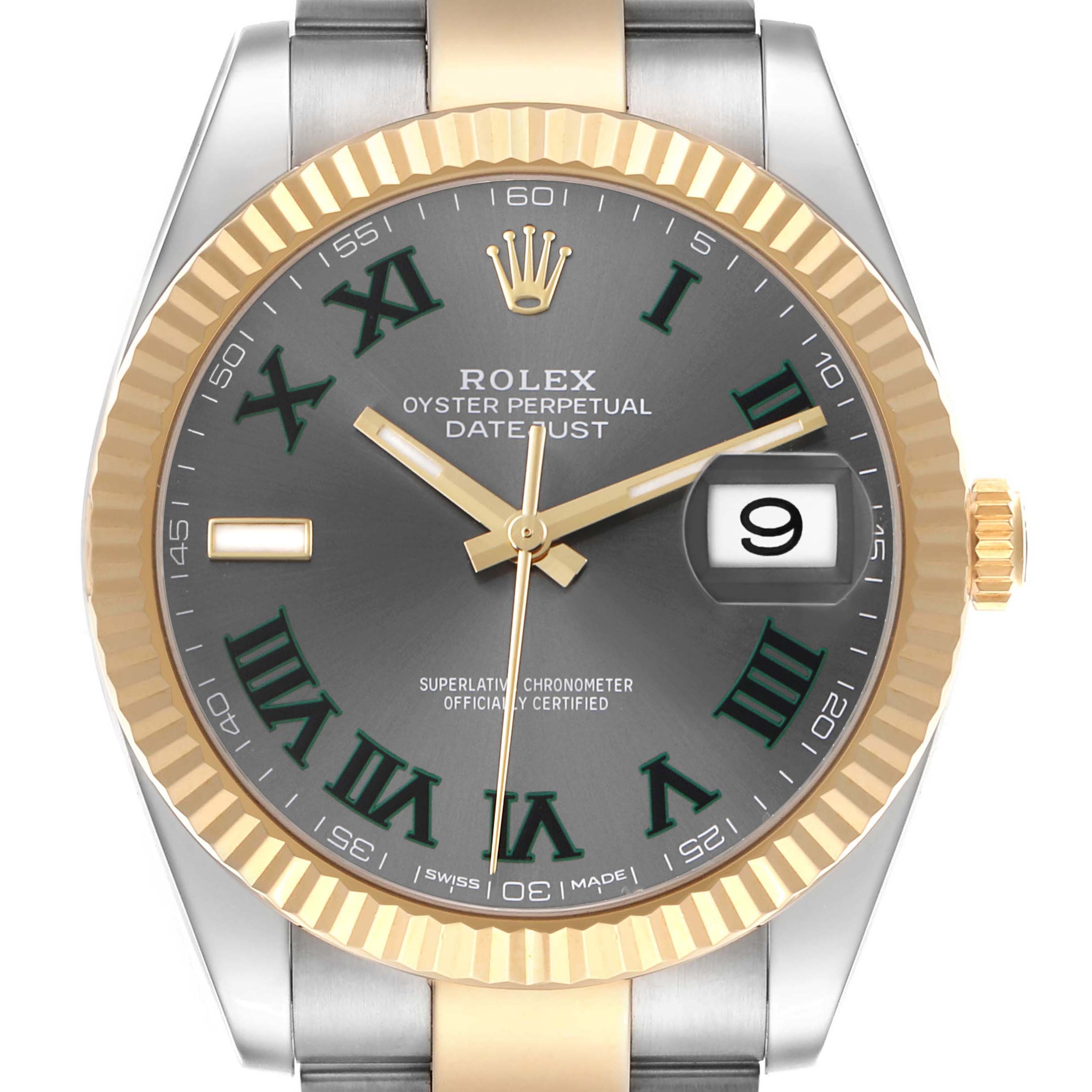 The Rolex Datejust 41 126333 Men's Steel and Gold (two tone) Grey Dial is shown from the front, highlighting the dial, bezel, and date window.