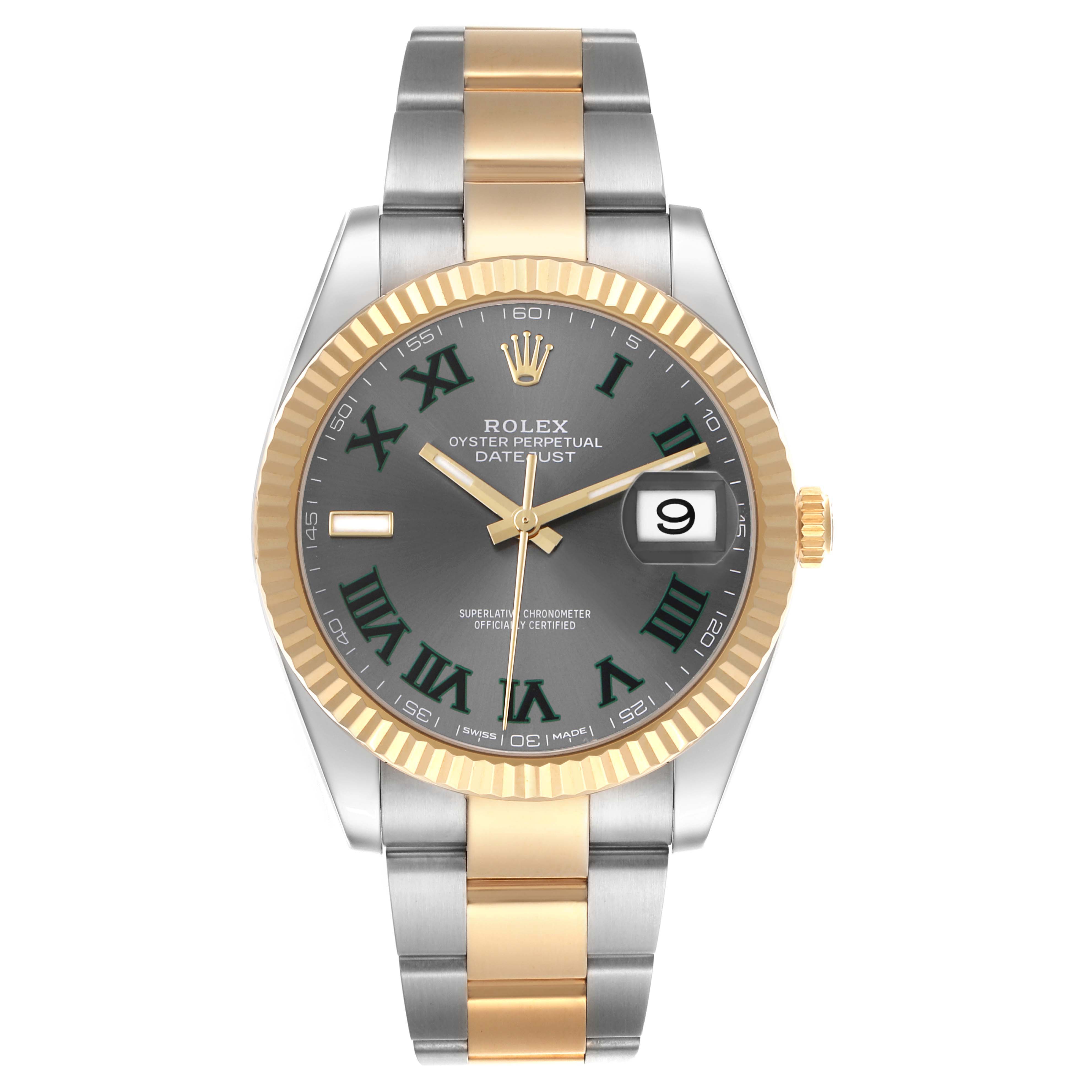 The Rolex Datejust 41 126333 Men's Steel and Gold (two tone) Grey Dial is shown from the front, featuring a gold and silver bracelet, fluted bezel, and gray dial with Roman numerals.