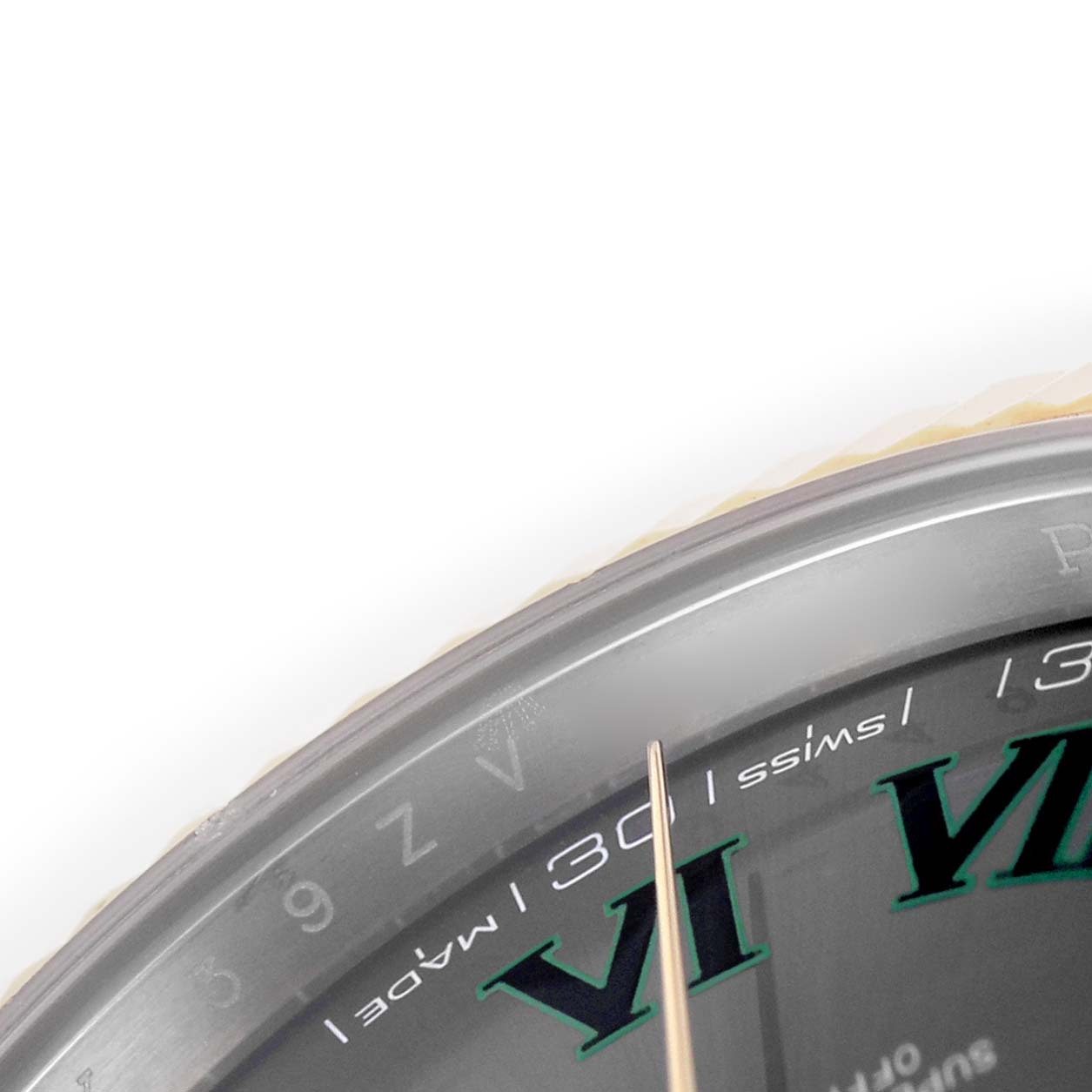 The image shows a close-up of the Rolex Datejust 41 126333 Men's Steel and Gold (two tone) Grey Dial watch face, featuring part of the bezel, hour markers, and hands.