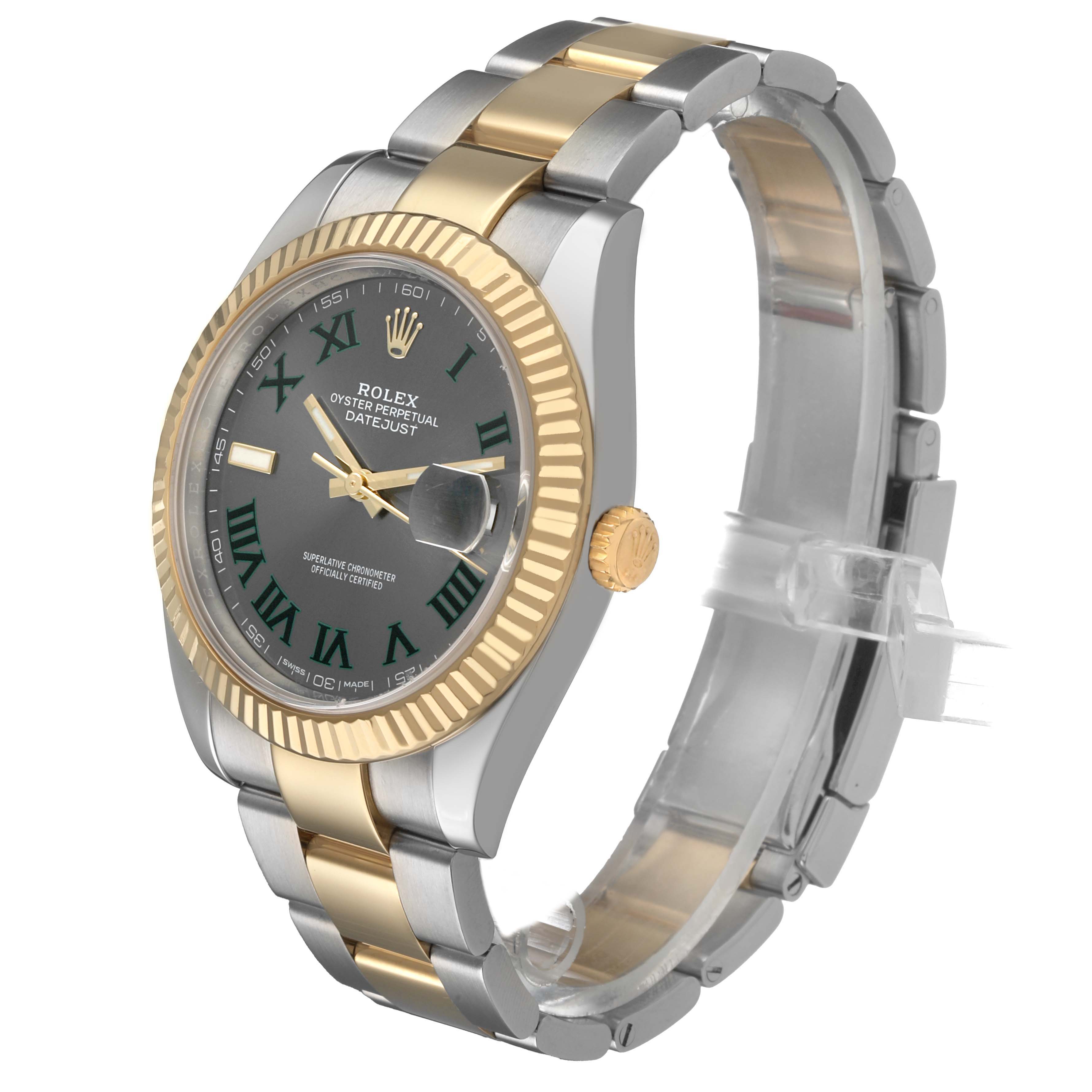 The Rolex Datejust 41 126333 Men's Steel and Gold (two tone) Grey Dial watch is shown at a three-quarter angle, displaying its bezel, face, bracelet, and crown.