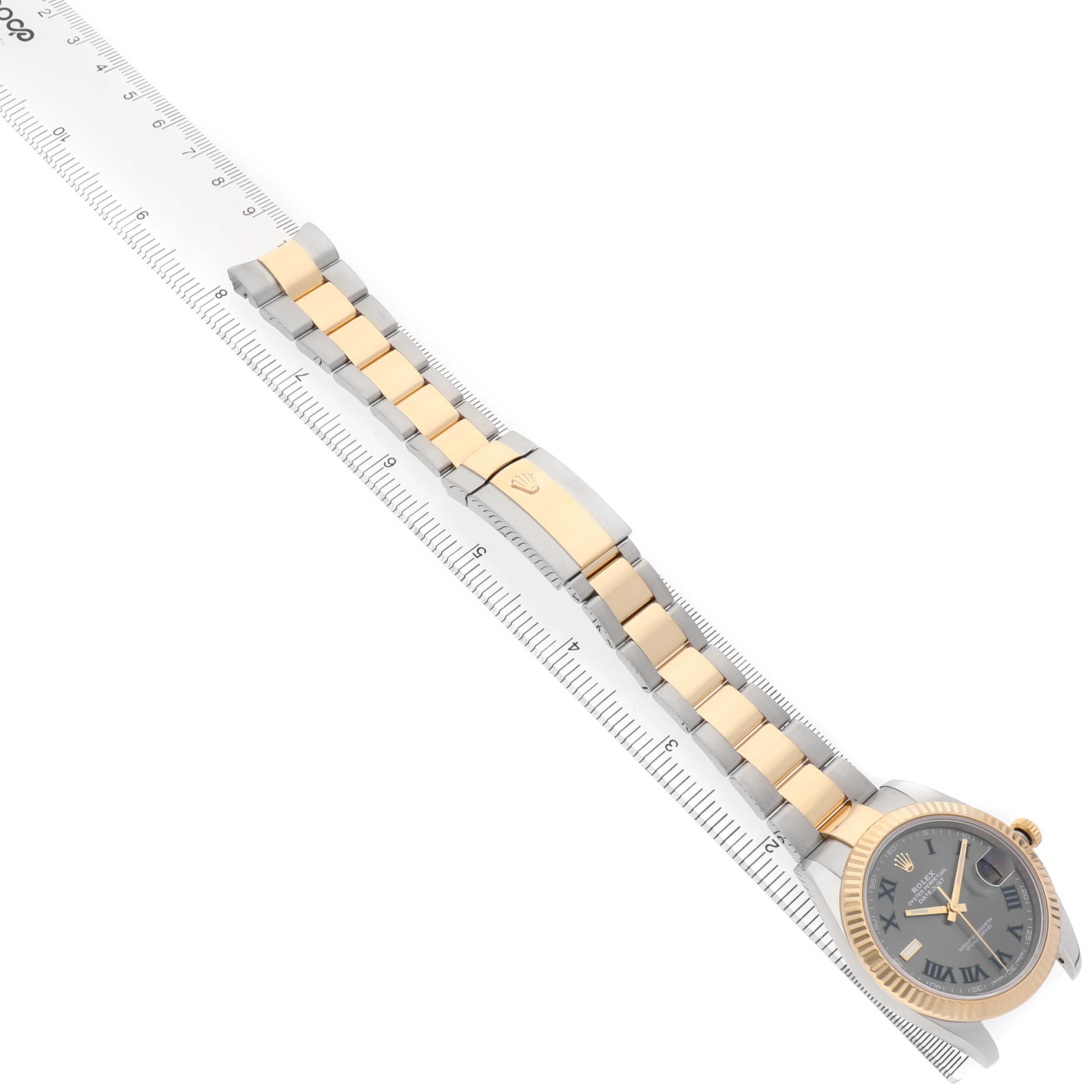 The Rolex Datejust 41 126333 Men's Steel and Gold (two tone) Grey Dial watch is shown at a diagonal angle with a focus on the gold and silver bracelet and its clasp.
