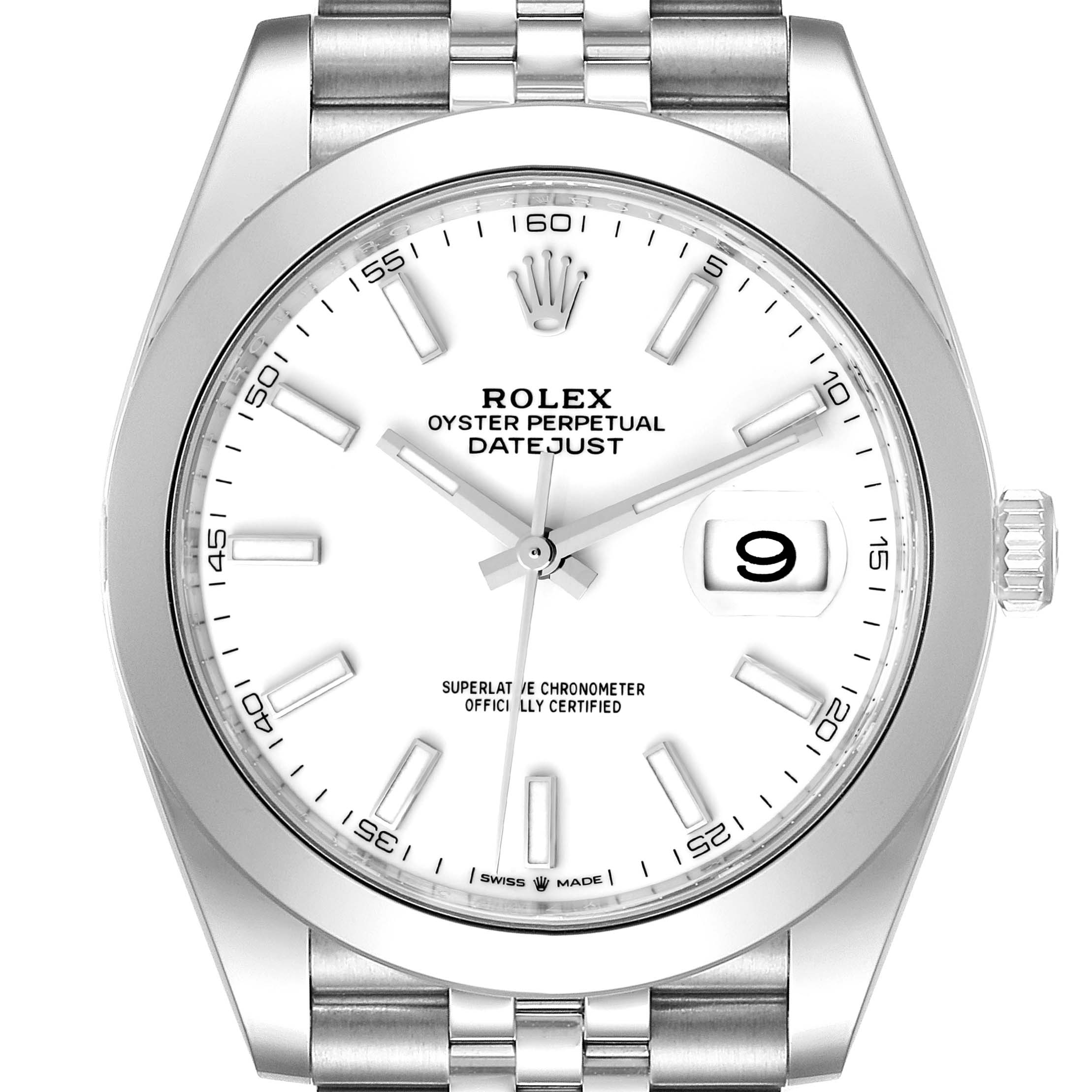 This image shows a front view of the Rolex Datejust 41 126300 Men
s Stainless Steel White Dial 126300 Men
s Stainless Steel White Dial model, highlighting the dial, hands, date window, bezel, and part of the bracelet.