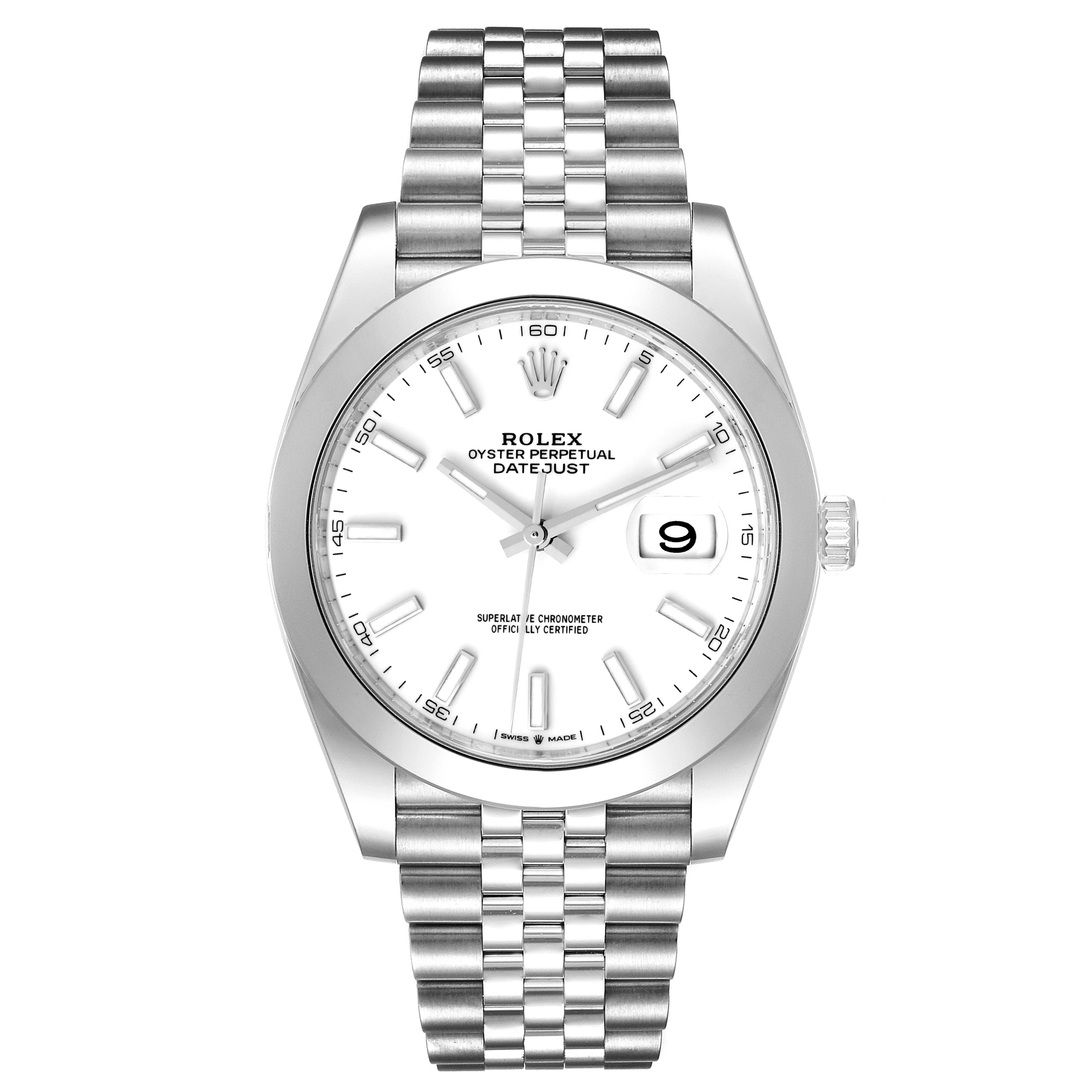 This image shows a frontal view of the Rolex Datejust 41 126300 Men
s Stainless Steel White Dial 126300 Men
s Stainless Steel White Dial watch, displaying its dial, bezel, and Jubilee bracelet.