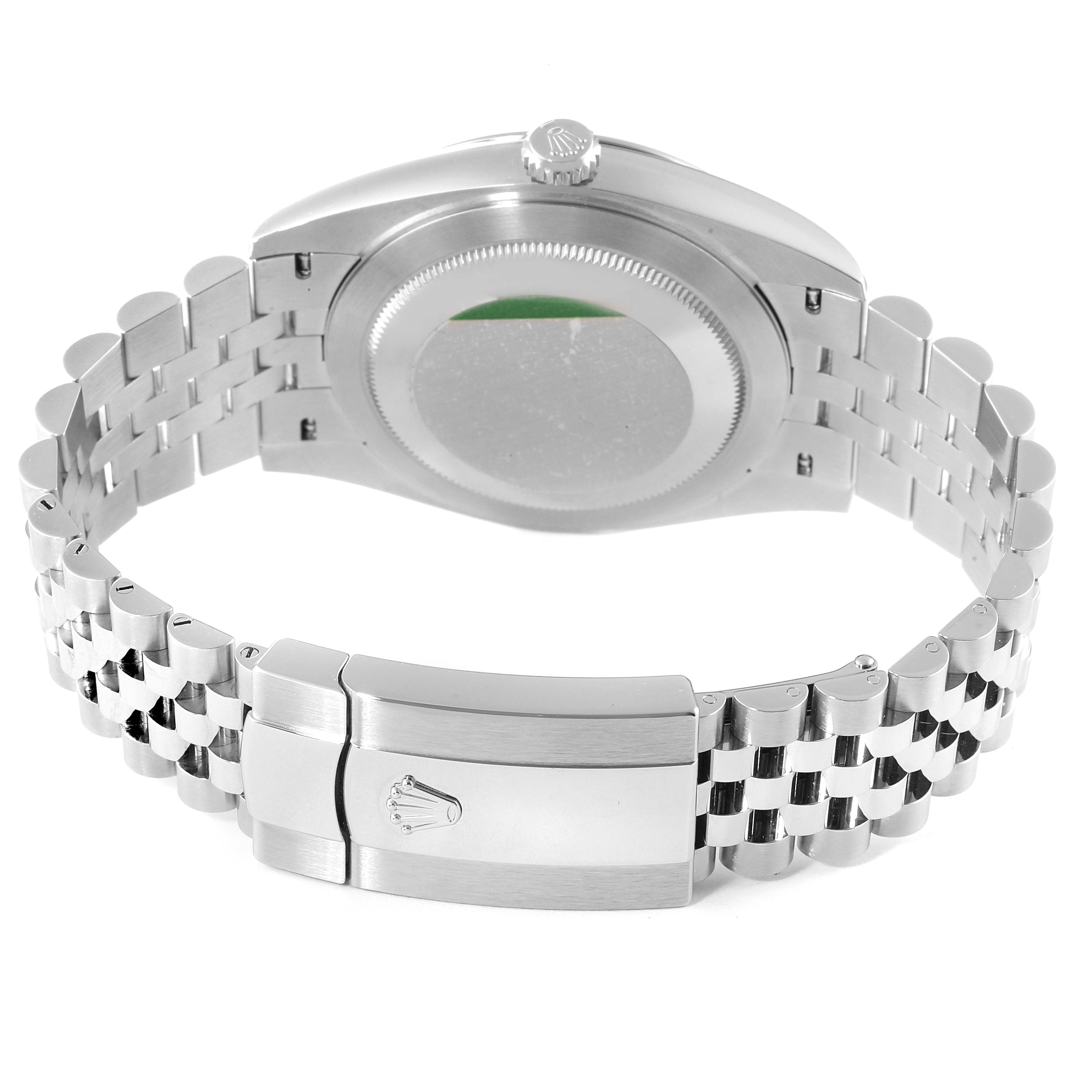 The image shows the back view of a Rolex Datejust 41 126300 Men
s Stainless Steel White Dial 126300 Men
s Stainless Steel White Dial watch, highlighting its case back, bracelet, and clasp.