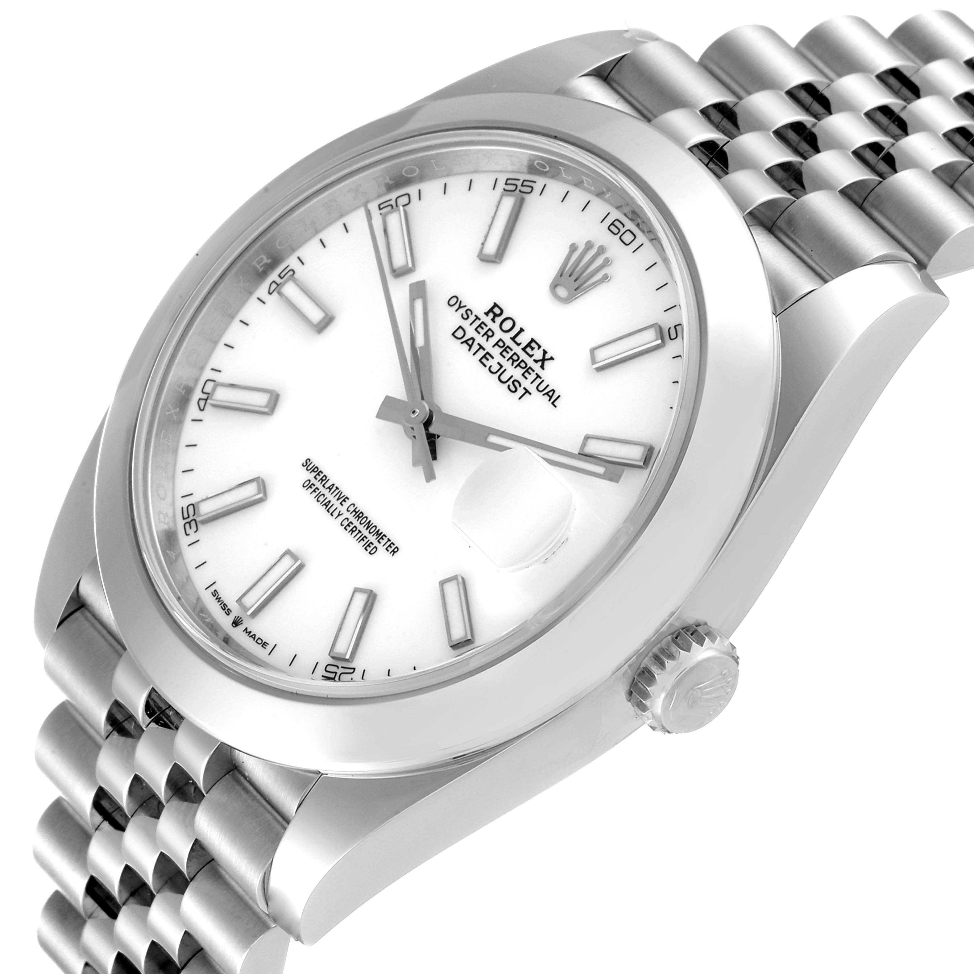 The Rolex Datejust 41 126300 Men
s Stainless Steel White Dial 126300 Men
s Stainless Steel White Dial model is shown at a slight angle showcasing the dial, casing, crown, and part of the bracelet.