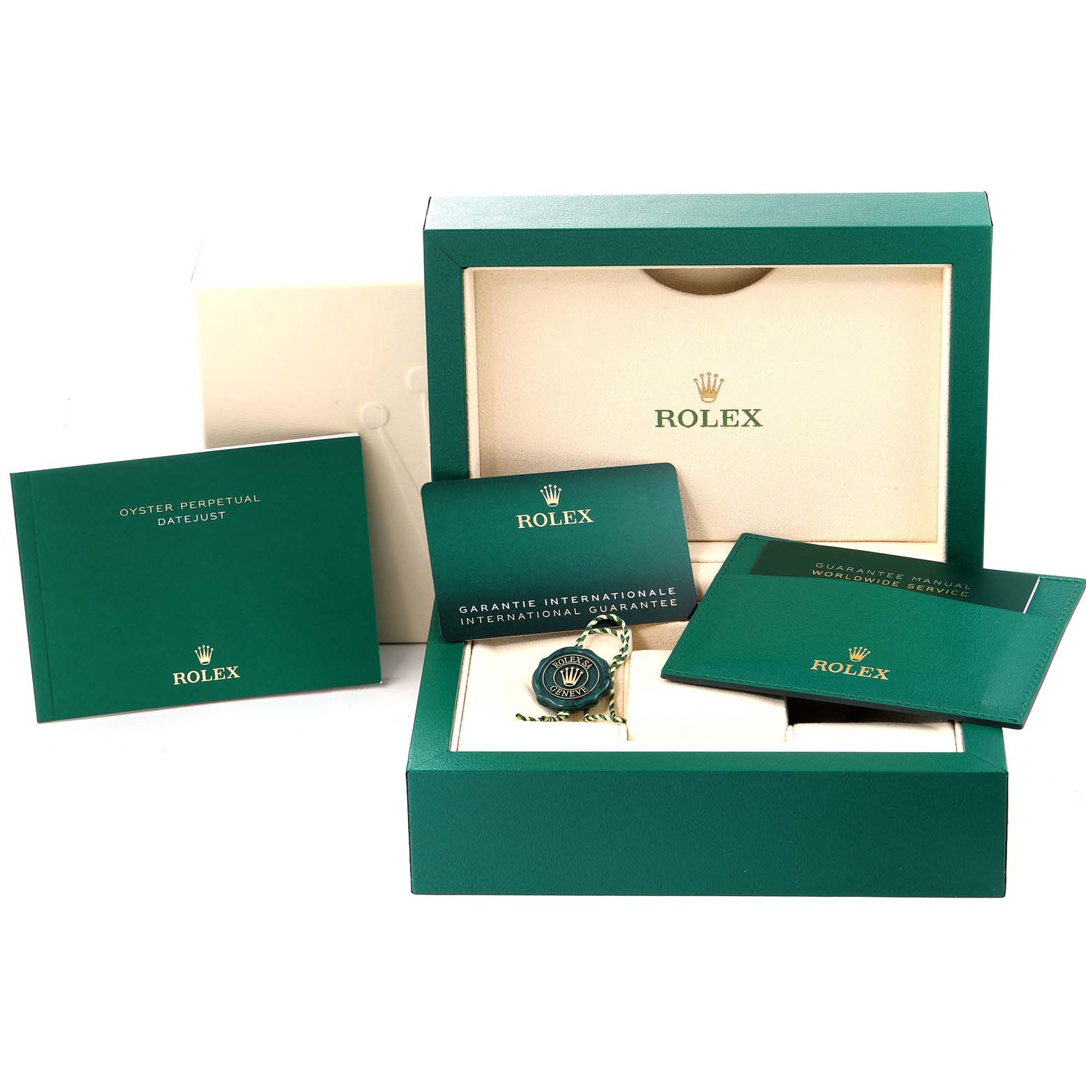 The image shows a Rolex Datejust 41 126300 Men
s Stainless Steel White Dial 126300 Men
s Stainless Steel White Dial model box, warranty cards, manual, and a hang tag from a frontal angle.