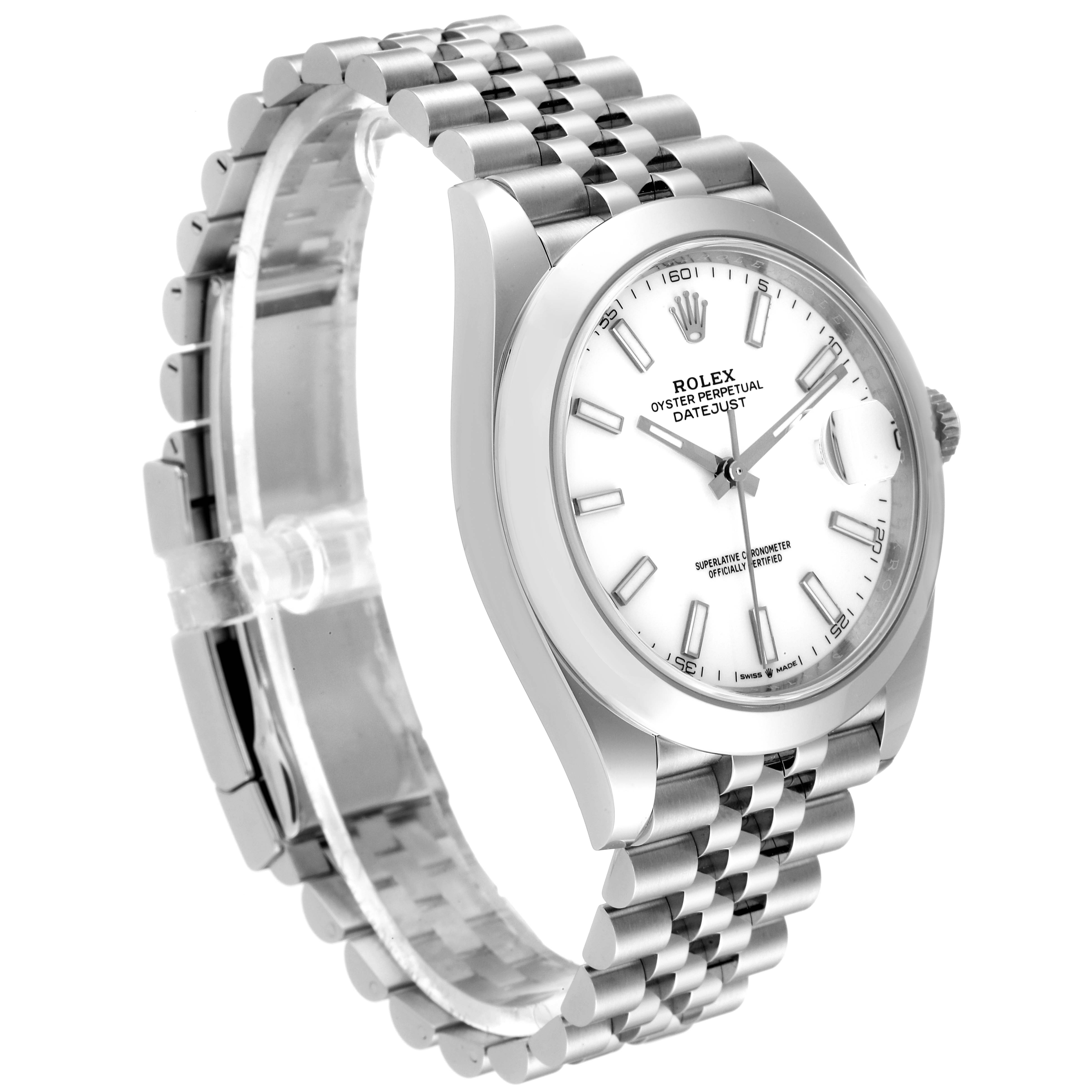 The Rolex Datejust 41 126300 Men
s Stainless Steel White Dial 126300 Men
s Stainless Steel White Dial model watch is shown at a 3/4 angle, highlighting its face, bezel, crown, and bracelet.