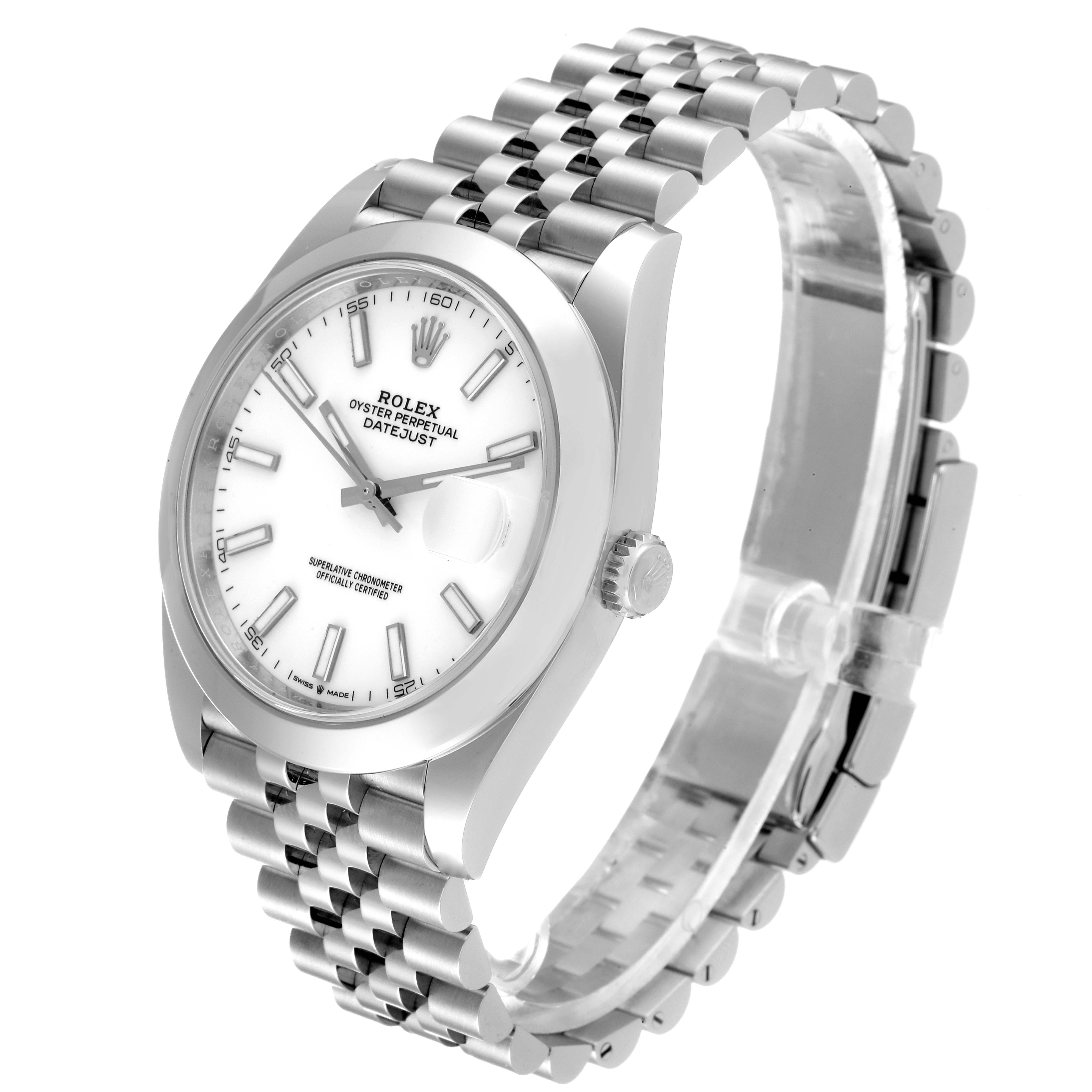 The Rolex Datejust 41 126300 Men
s Stainless Steel White Dial 126300 Men
s Stainless Steel White Dial watch is shown at a three-quarter angle, displaying the face, bracelet clasp, and crown.