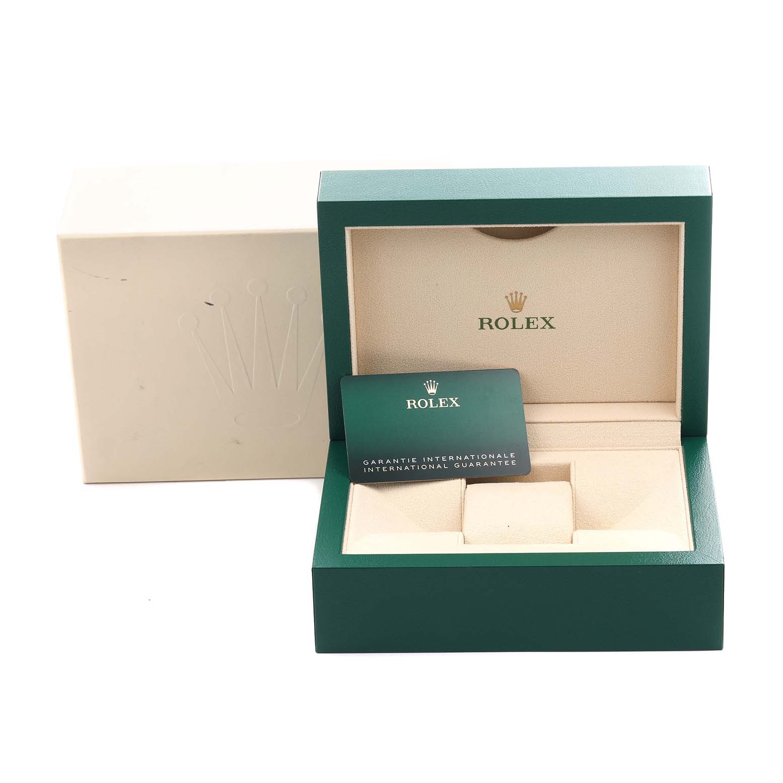The image shows a Rolex Datejust 41 126300 Men's Stainless Steel White Dial 126300 Men's Stainless Steel White Dial watch box, inner case, and warranty card at a frontal angle.