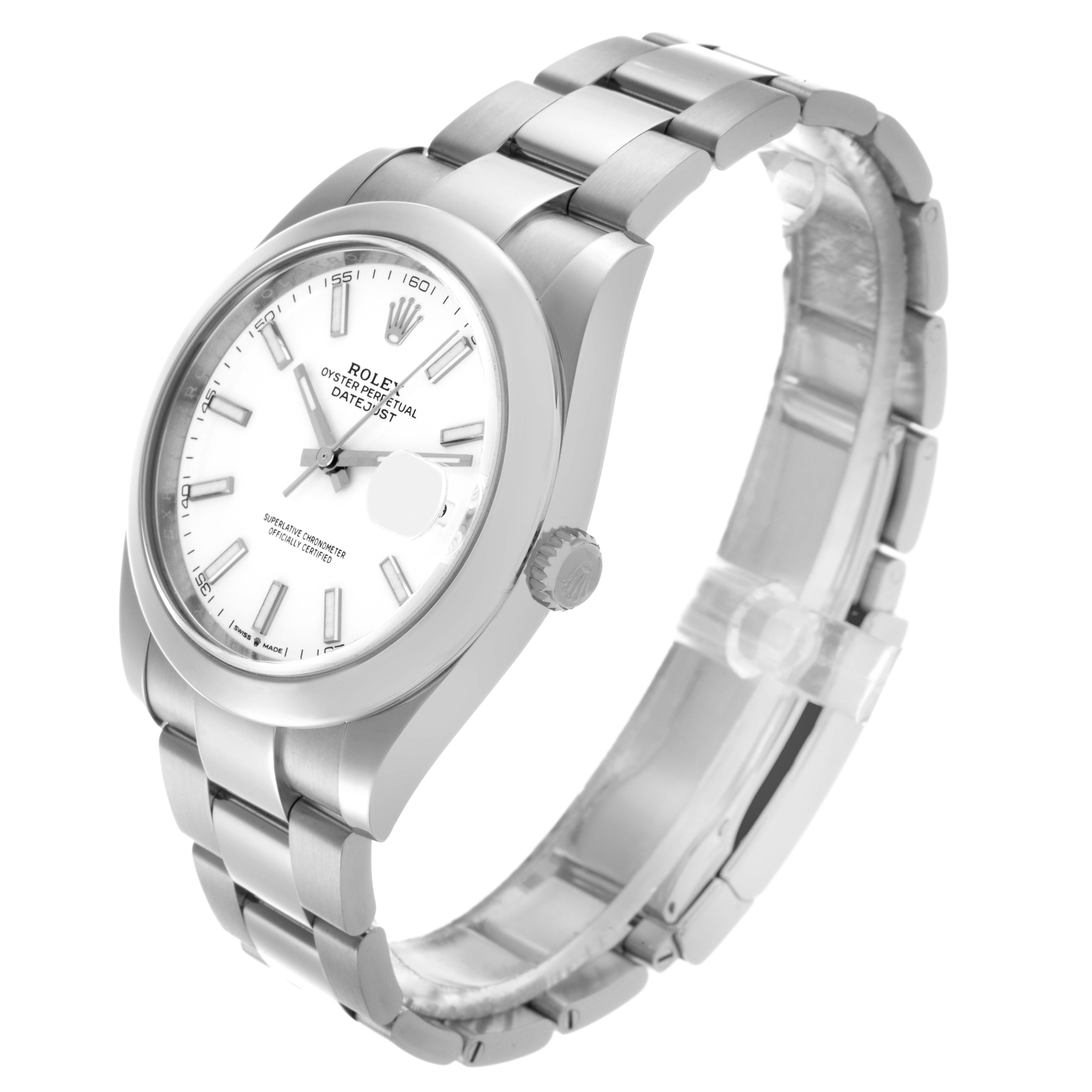 The Rolex Datejust 41 126300 Men's Stainless Steel White Dial 126300 Men's Stainless Steel White Dial watch is shown at a three-quarter angle, highlighting the face, bezel, and bracelet.