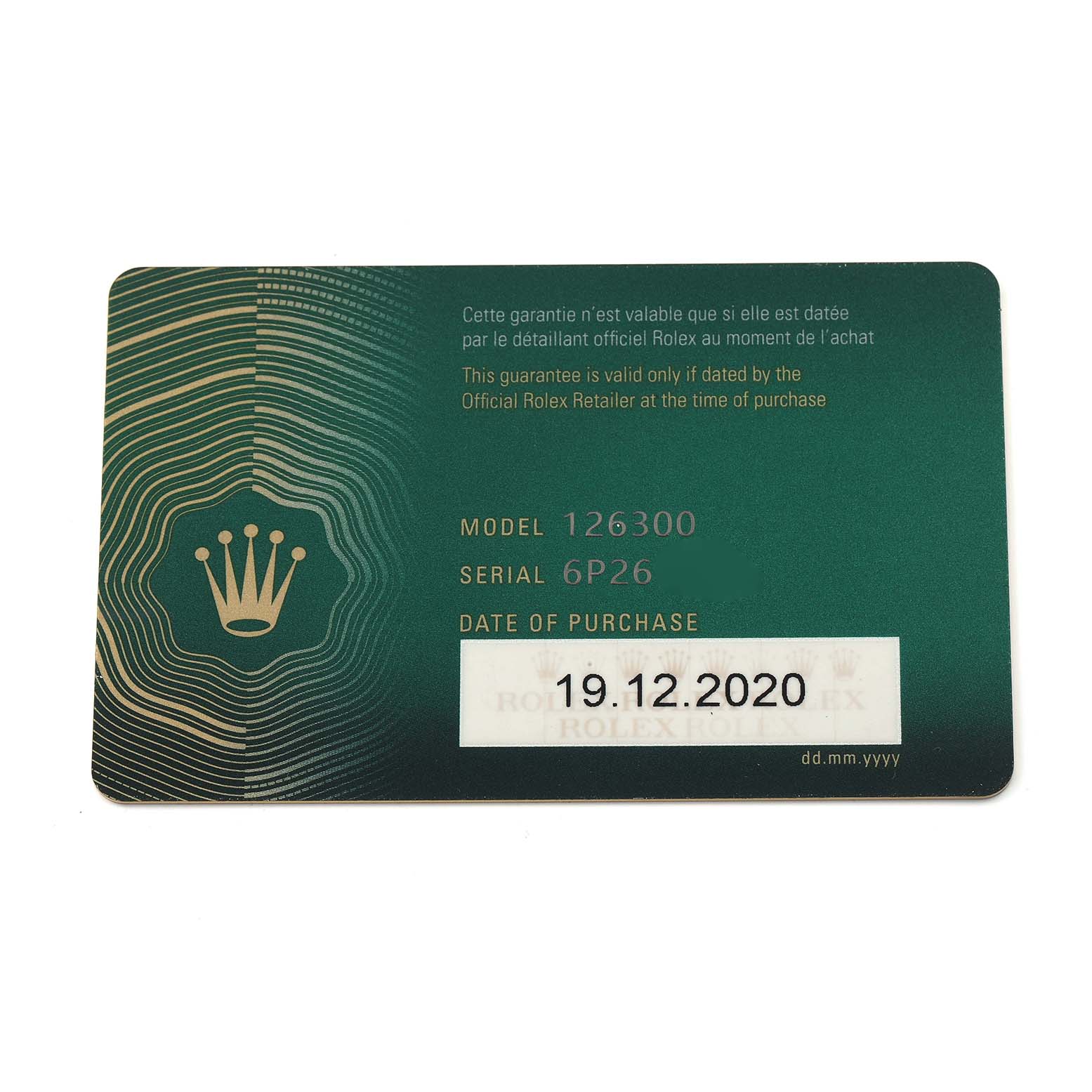 The image shows a Rolex Datejust 41 126300 Men's Stainless Steel White Dial 126300 Men's Stainless Steel White Dial warranty card, displaying model number, serial number, and purchase date.