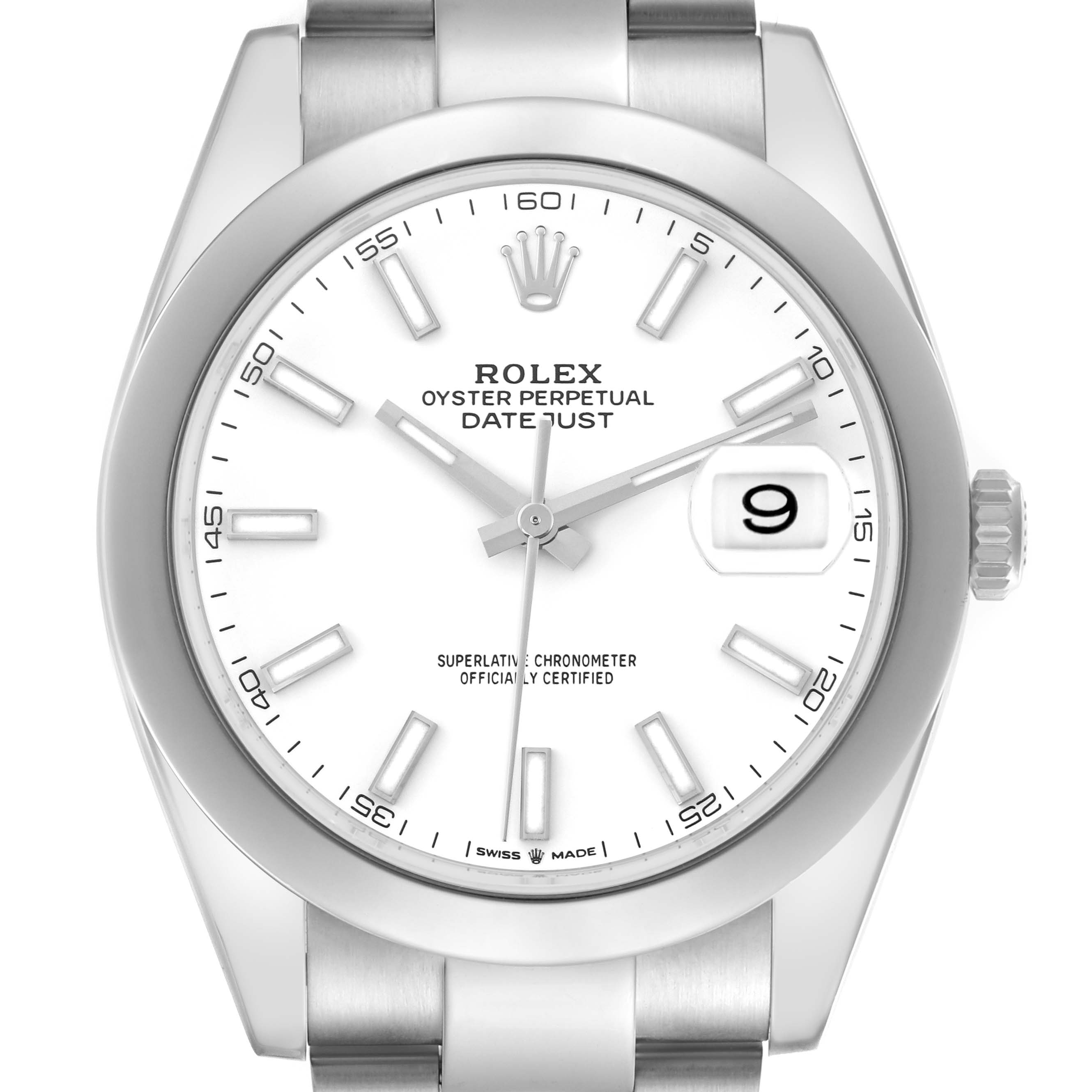 The Rolex Datejust 41 126300 Men's Stainless Steel White Dial 126300 Men's Stainless Steel White Dial watch is shown from a front angle, highlighting its dial, bezel, and bracelet attachment.