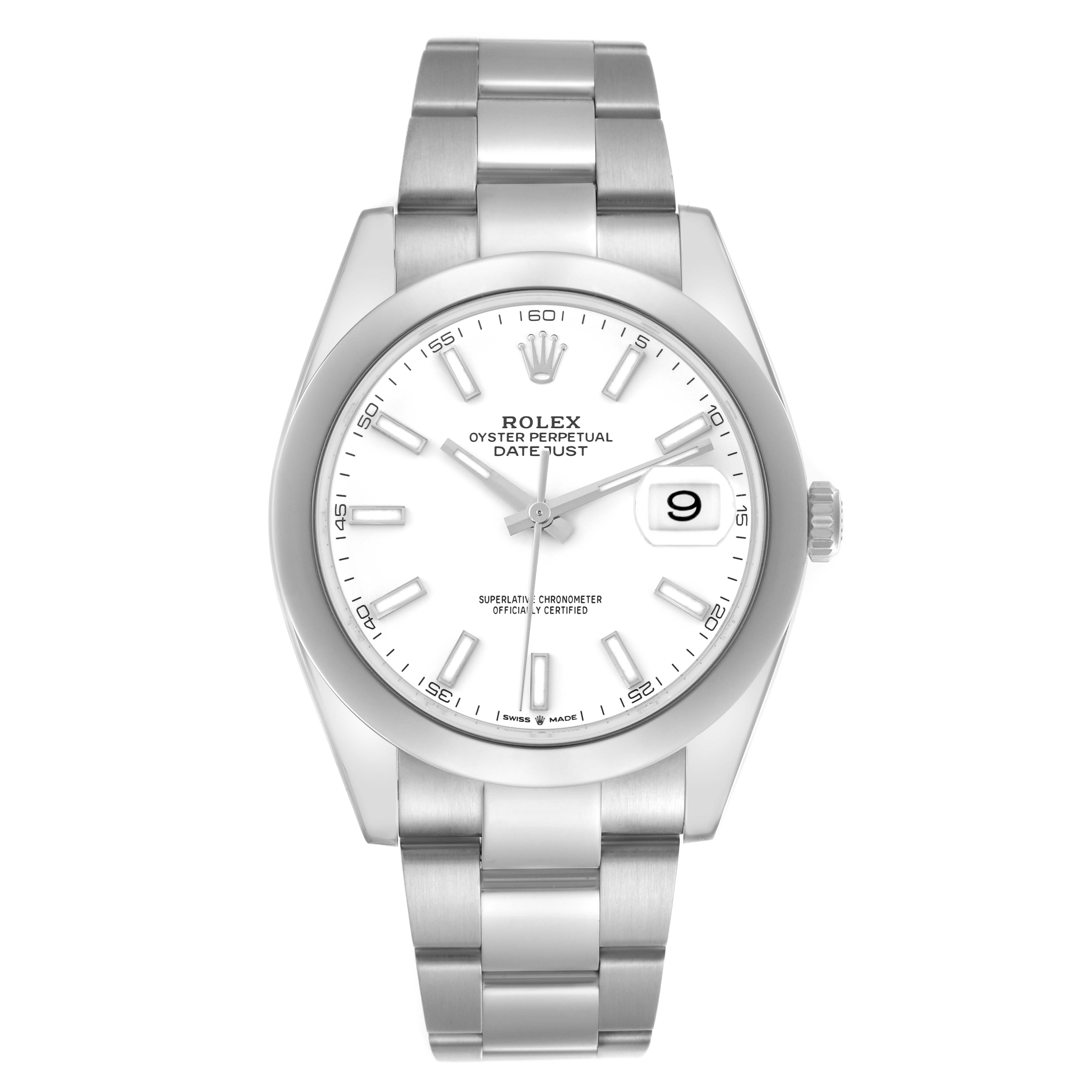 The Rolex Datejust 41 126300 Men's Stainless Steel White Dial 126300 Men's Stainless Steel White Dial is shown from a front angle, highlighting its dial, bezel, and bracelet.