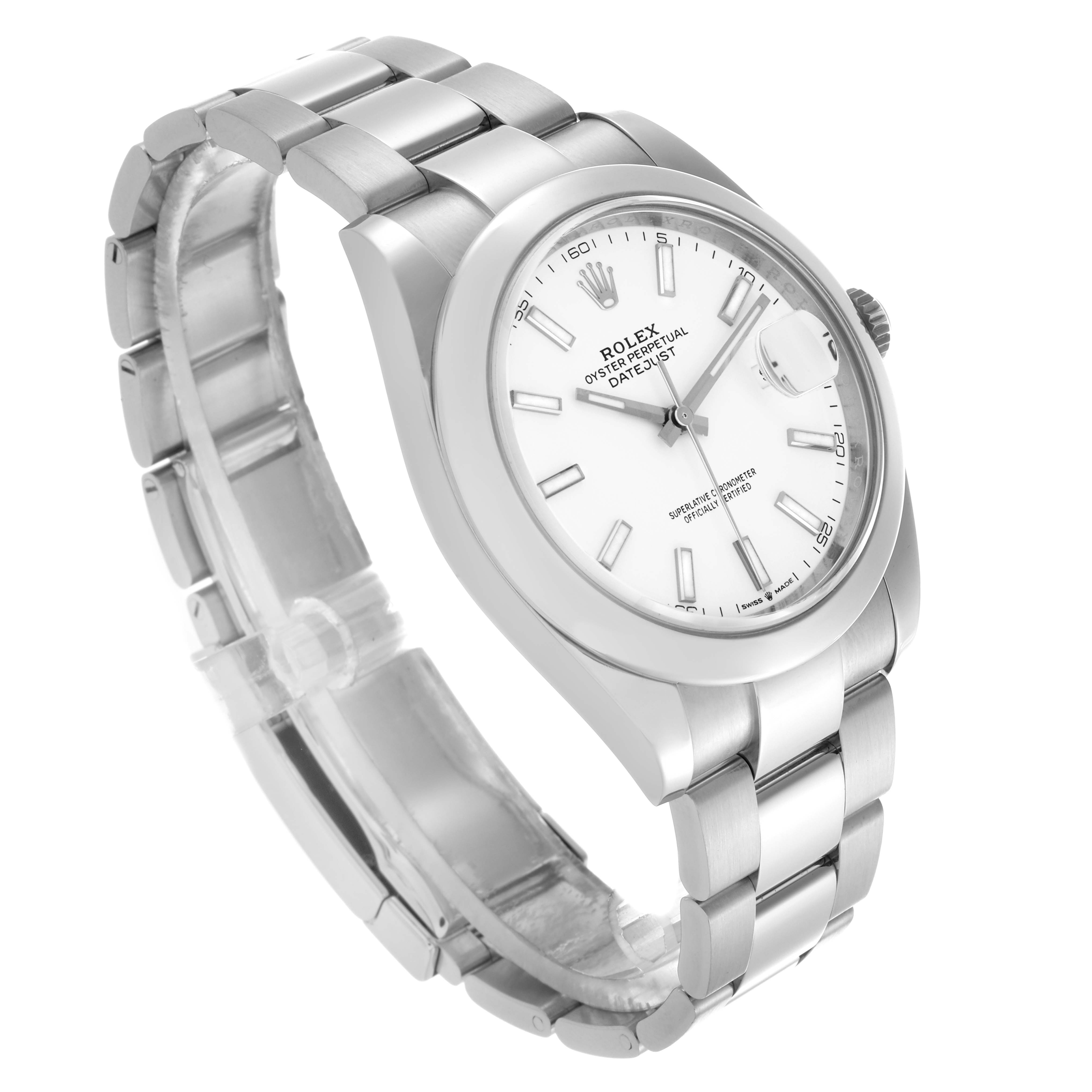 The Rolex Datejust 41 126300 Men's Stainless Steel White Dial 126300 Men's Stainless Steel White Dial is shown at an angled side view, displaying the bezel, dial, crown, and bracelet.
