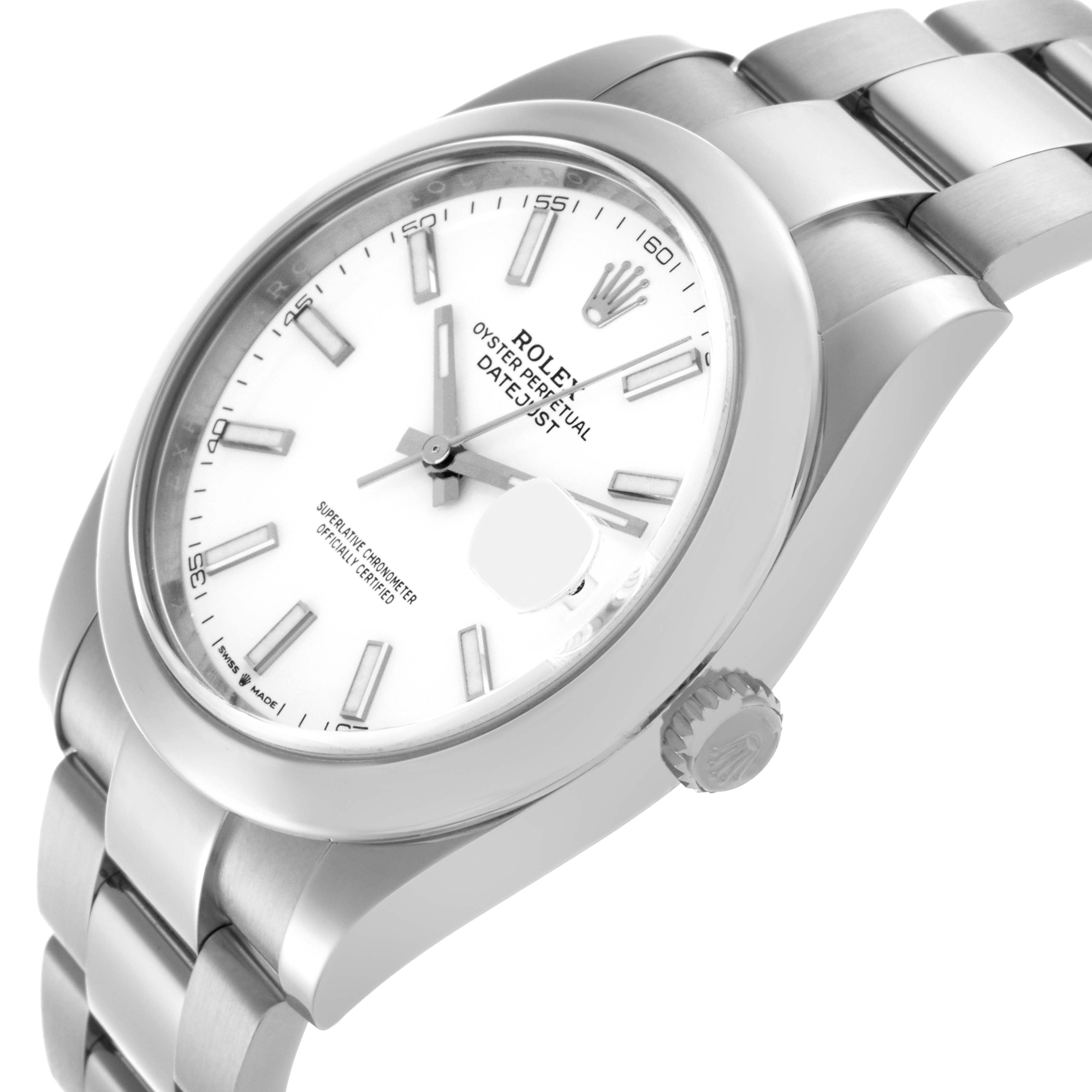 The image shows a side-angle view of a Rolex Datejust 41 126300 Men's Stainless Steel White Dial 126300 Men's Stainless Steel White Dial, highlighting the bracelet and crown.
