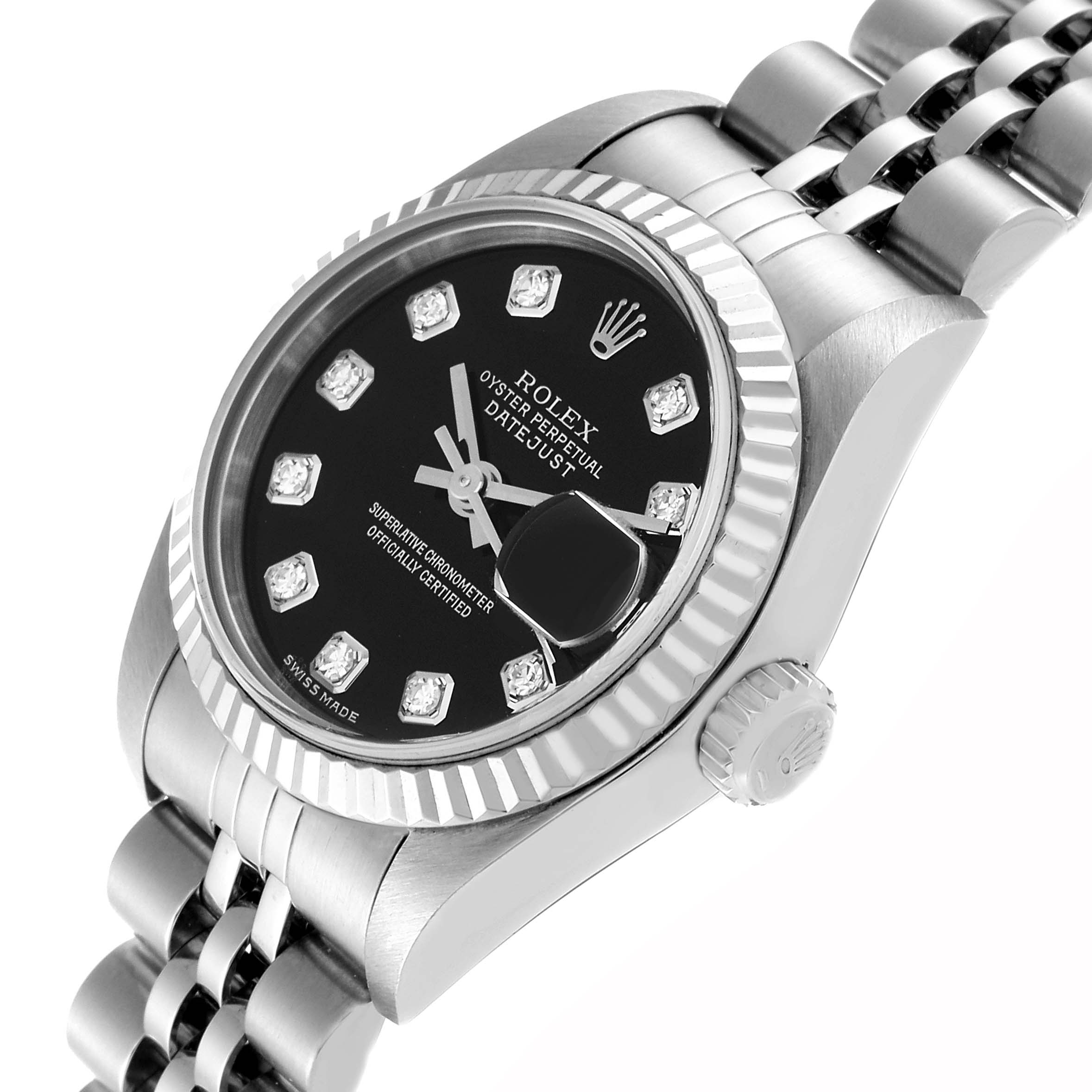The image shows a Rolex Datejust 79174 Women's Stainless Steel Black Dial 79174 Women's Stainless Steel Black Dial watch at a three-quarter angle, highlighting the bezel, dial, crown, and part of the bracelet.