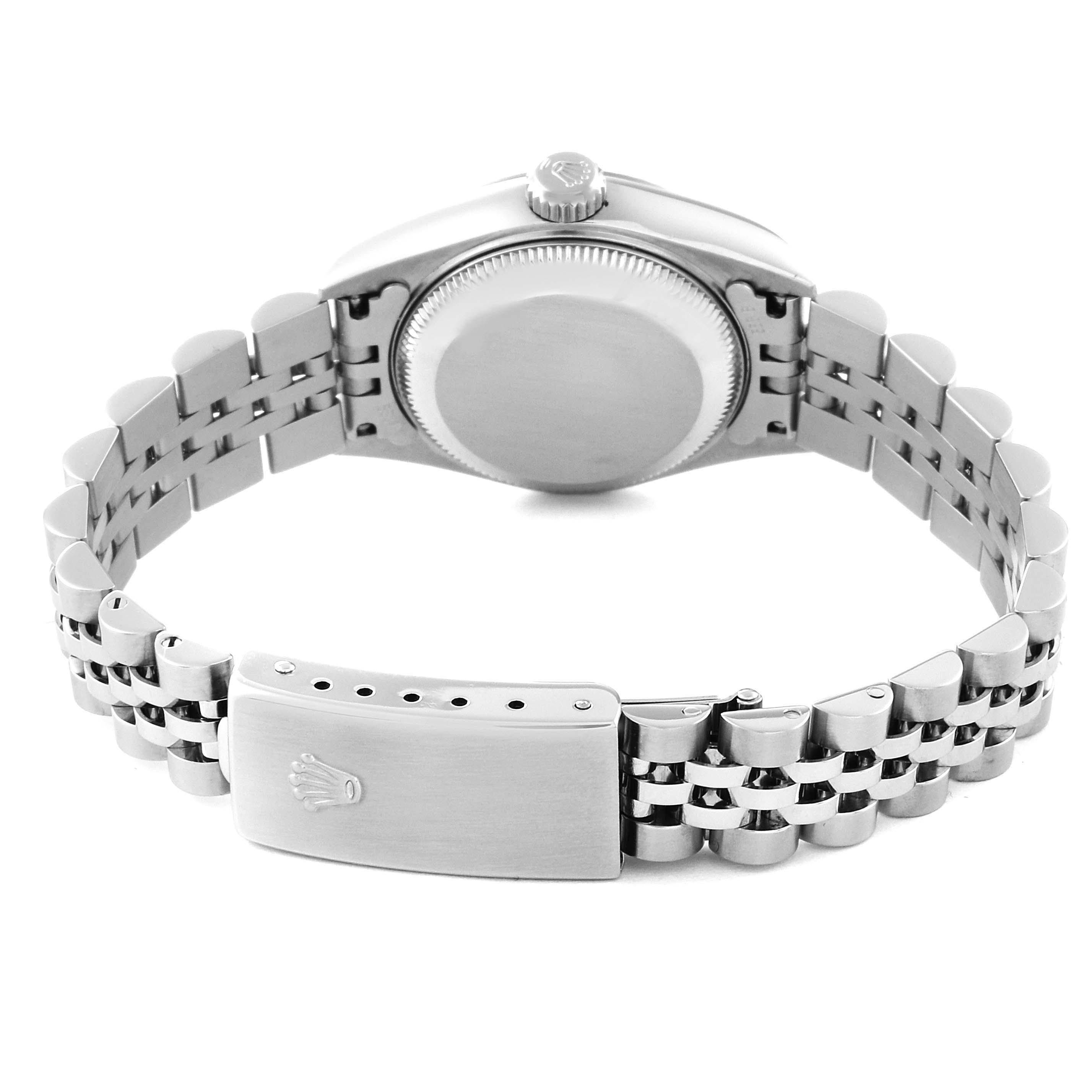 The image shows the back case and bracelet clasp of a Rolex Datejust 79174 Women's Stainless Steel Black Dial 79174 Women's Stainless Steel Black Dial watch from a rear angle.