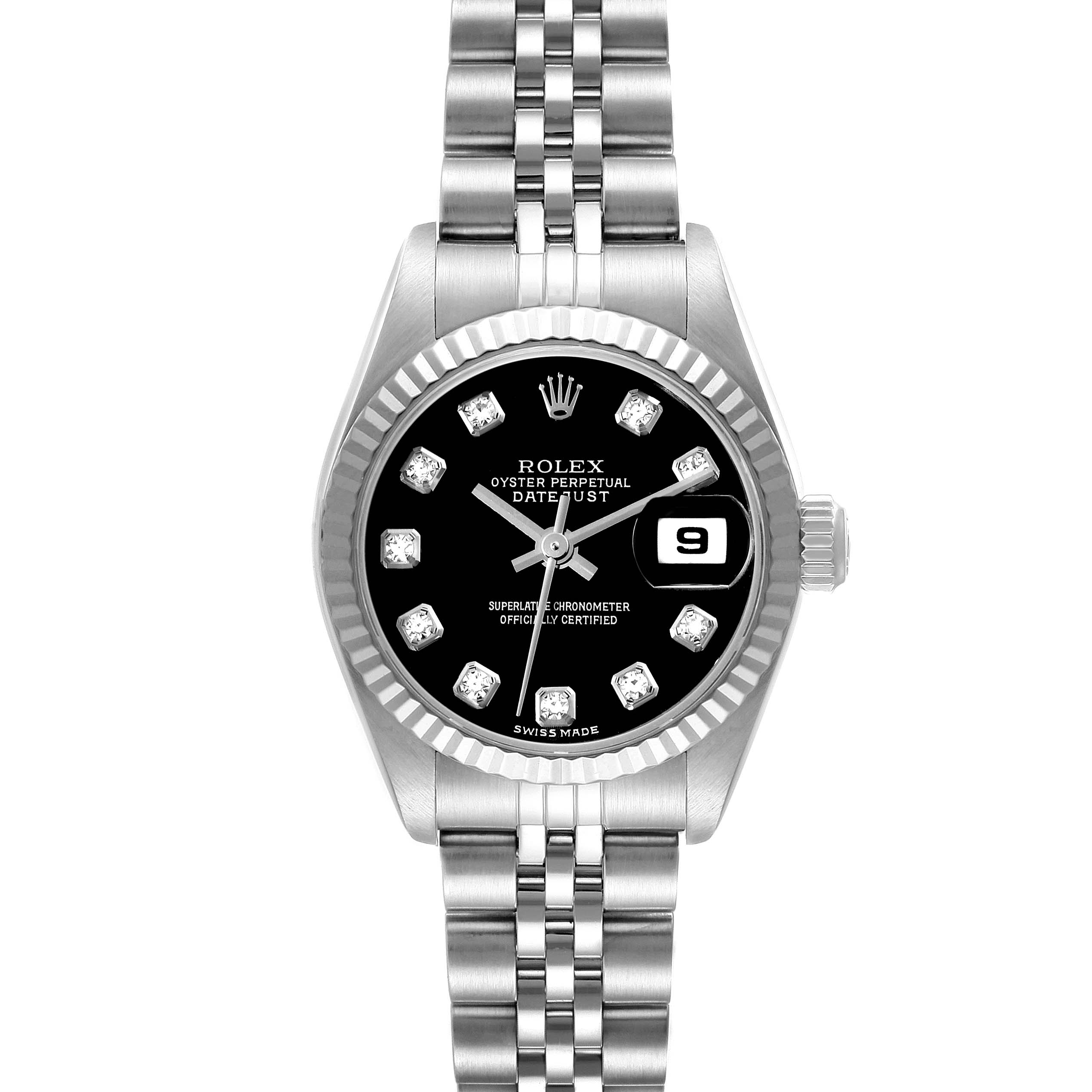 The Rolex Datejust 79174 Women's Stainless Steel Black Dial 79174 Women's Stainless Steel Black Dial watch is shown from a top-down angle, featuring the dial, bezel, crown, and part of the bracelet.