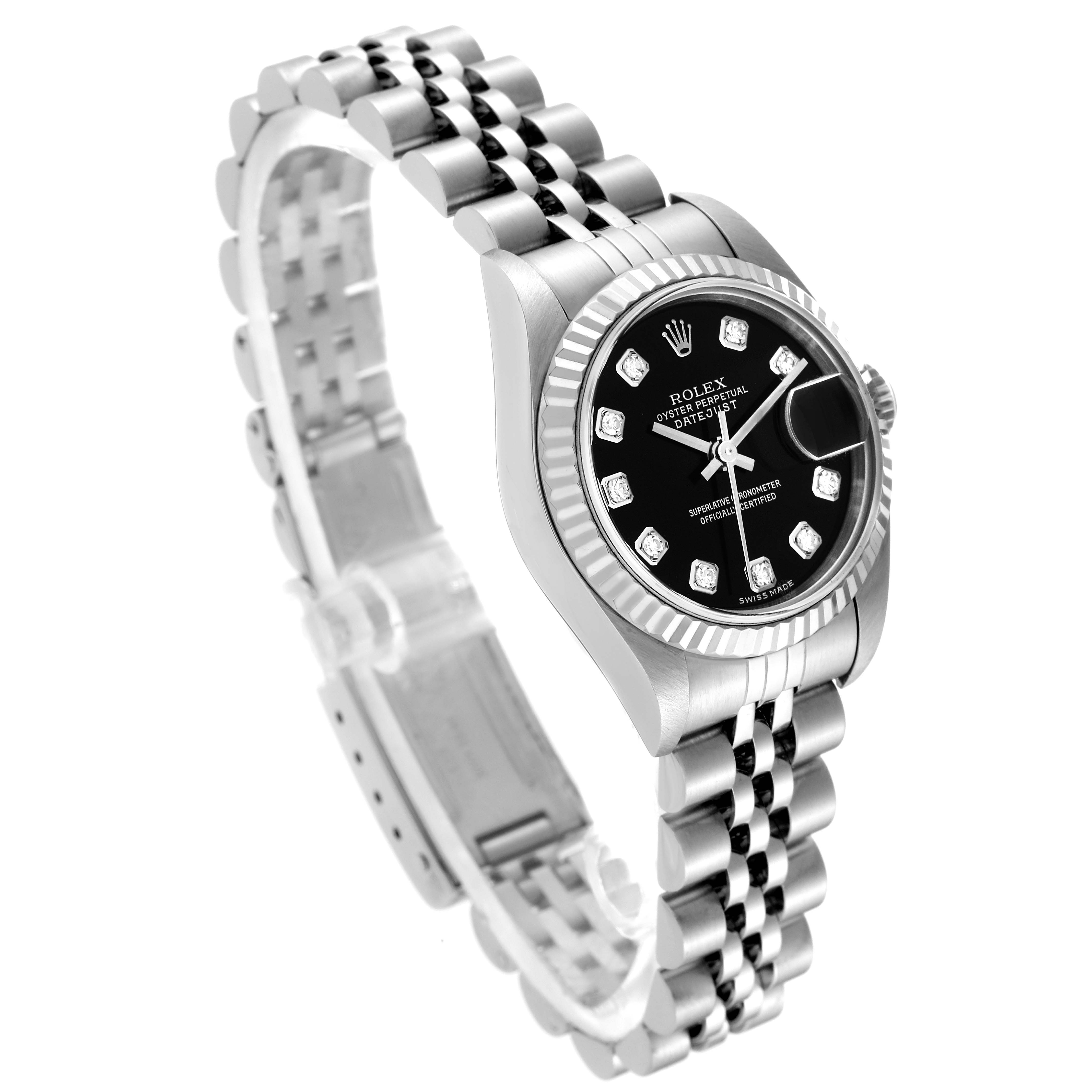 The Rolex Datejust 79174 Women's Stainless Steel Black Dial 79174 Women's Stainless Steel Black Dial watch is shown at a three-quarter angle, highlighting its face, bezel, and bracelet.