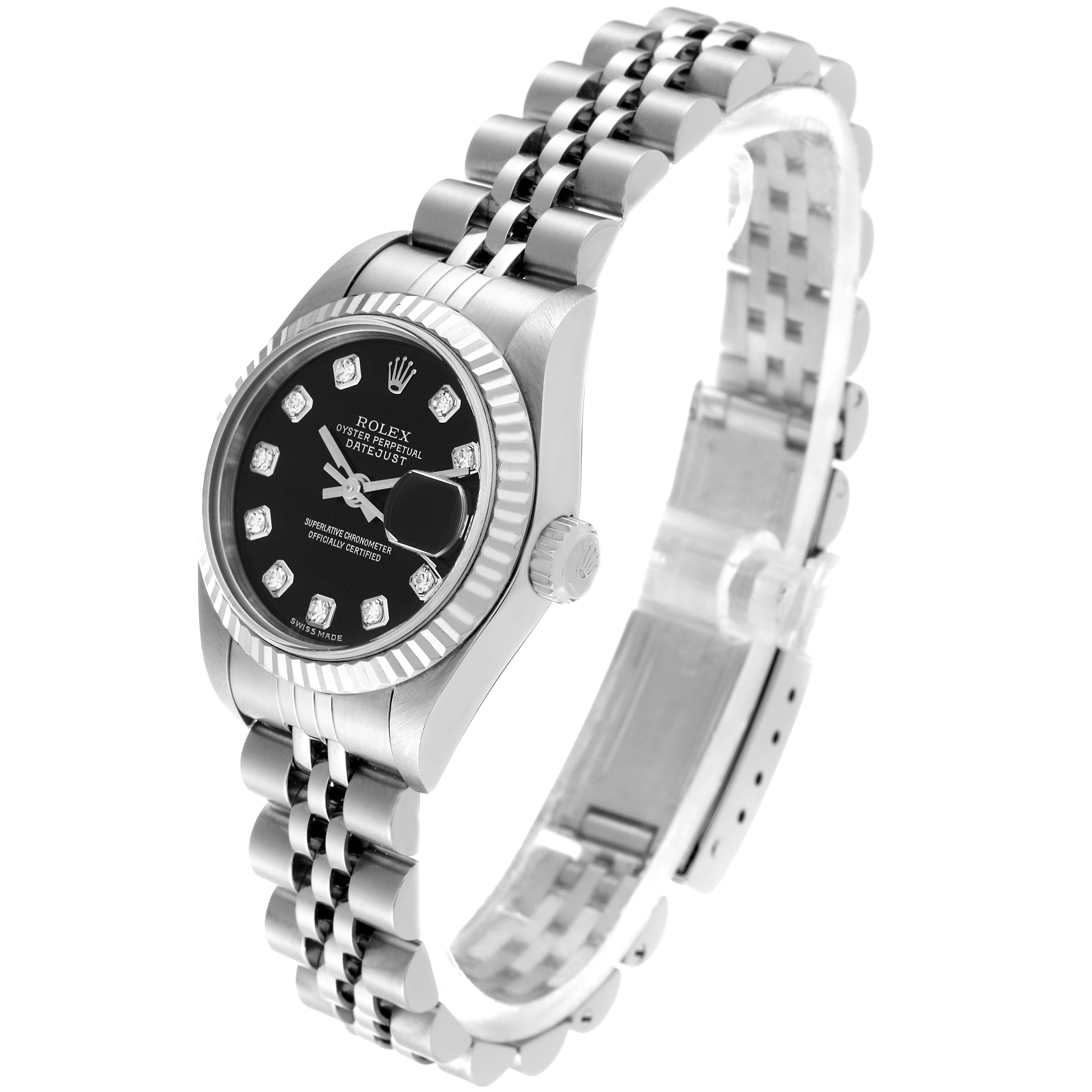 The image shows a Rolex Datejust 79174 Women's Stainless Steel Black Dial 79174 Women's Stainless Steel Black Dial watch from an angled side view, highlighting the case, dial, fluted bezel, and jubilee bracelet.