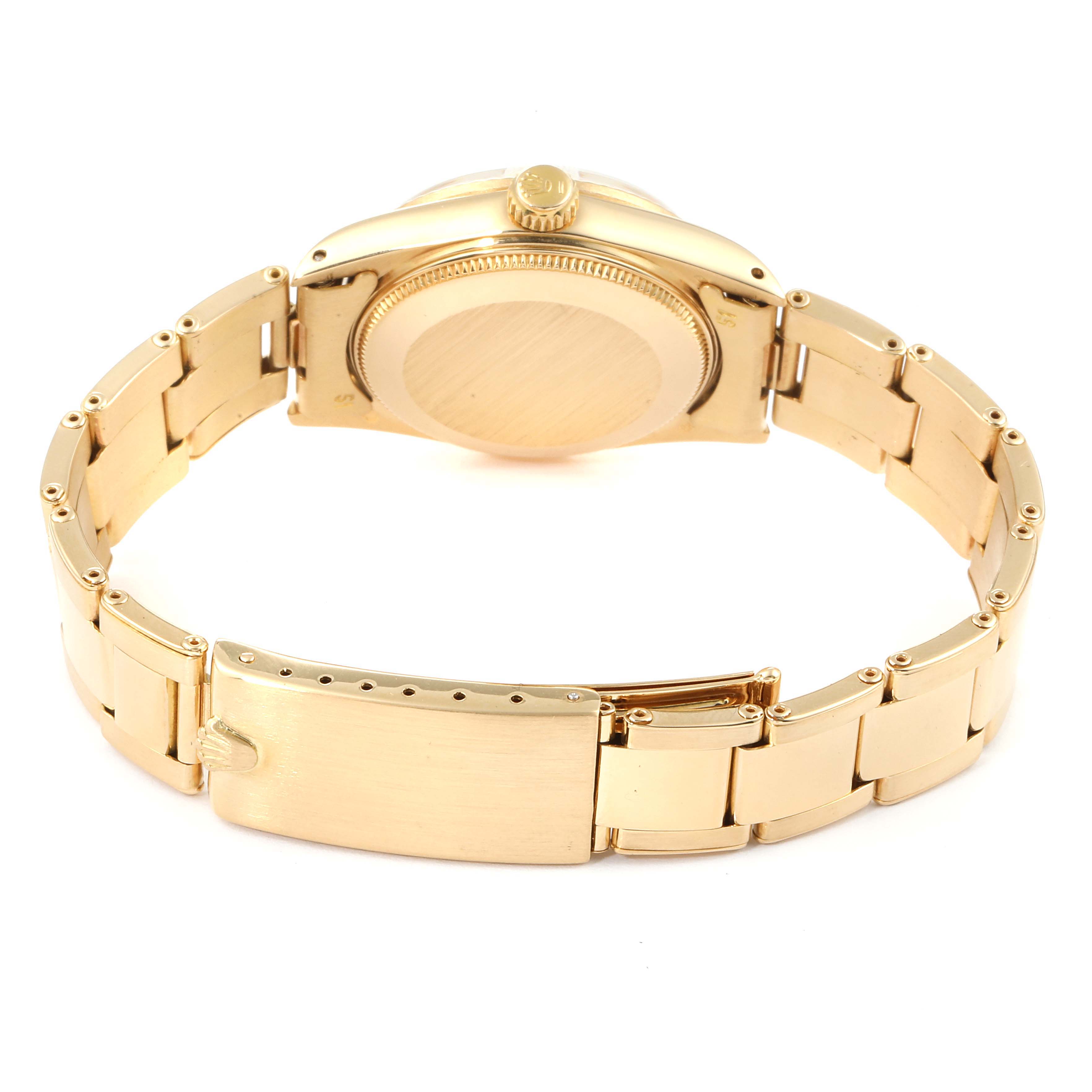 This image shows the back and bracelet of a Rolex President 6827 Women's Yellow Gold White Dial 6827 Women's Yellow Gold White Dial model watch, with the crown and clasp visible.