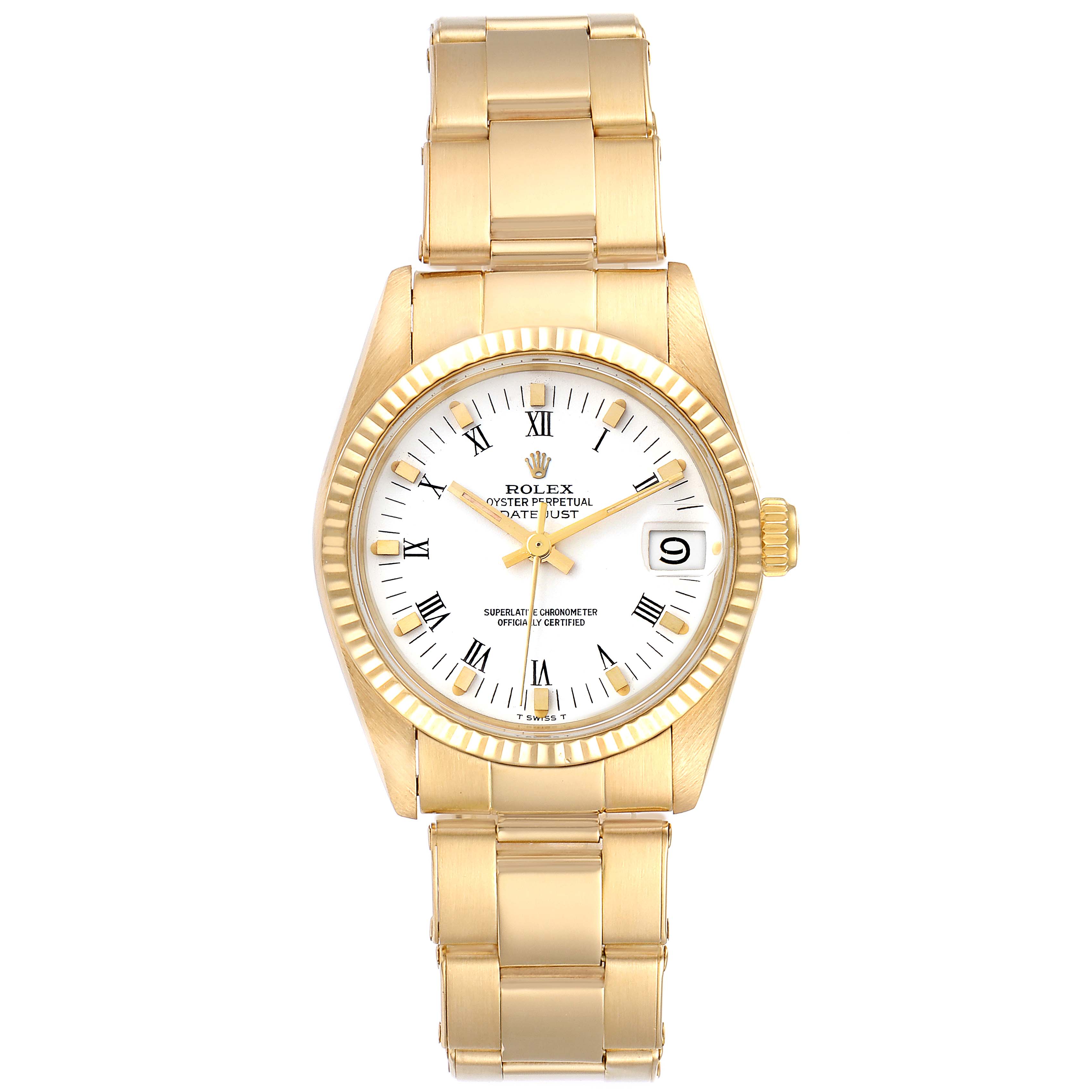 The image shows a frontal view of the gold Rolex President 6827 Women's Yellow Gold White Dial 6827 Women's Yellow Gold White Dial model, highlighting the dial, bezel, and bracelet.