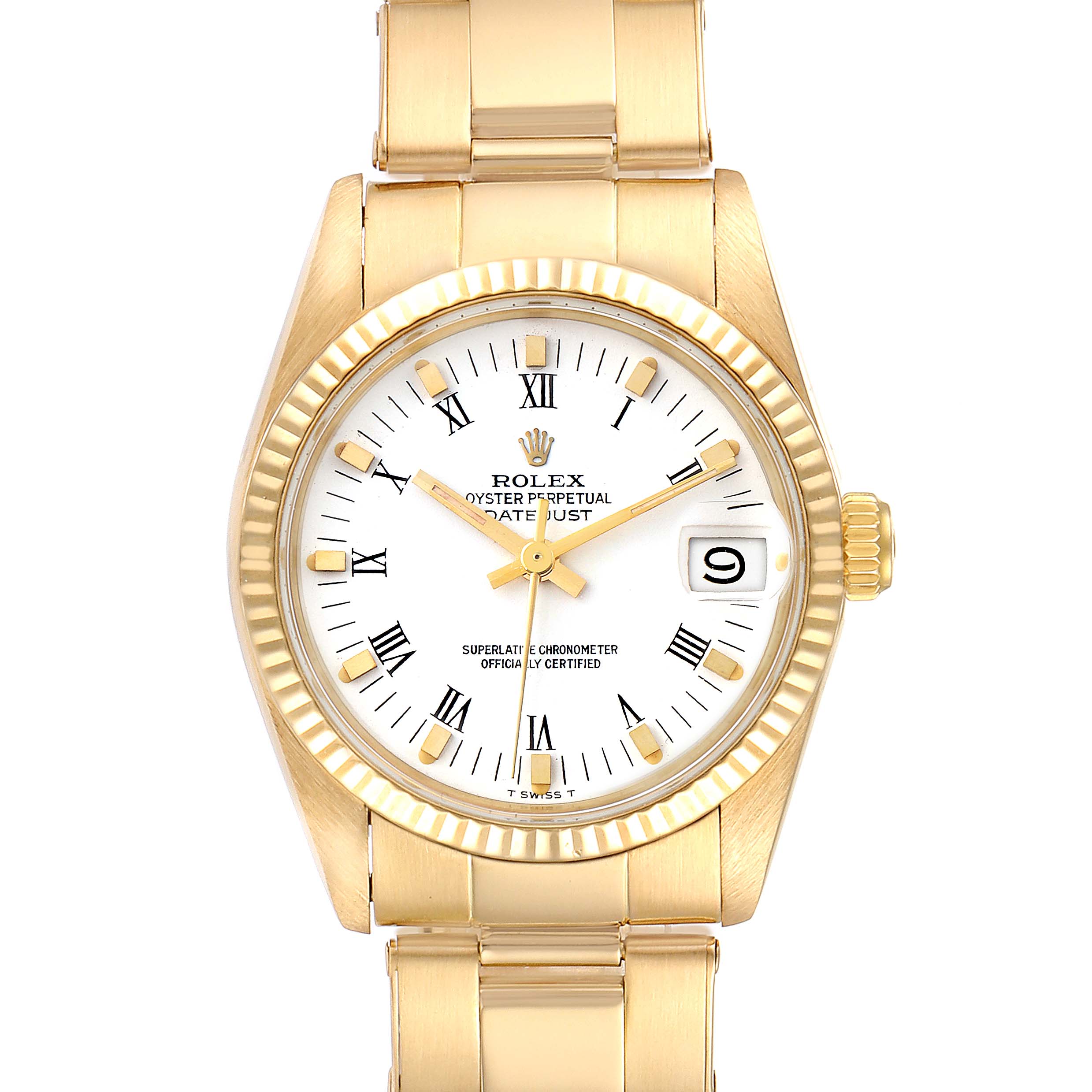 The image shows a frontal view of a Rolex President 6827 Women's Yellow Gold White Dial 6827 Women's Yellow Gold White Dial model watch, highlighting its face, bezel, and part of the bracelet.