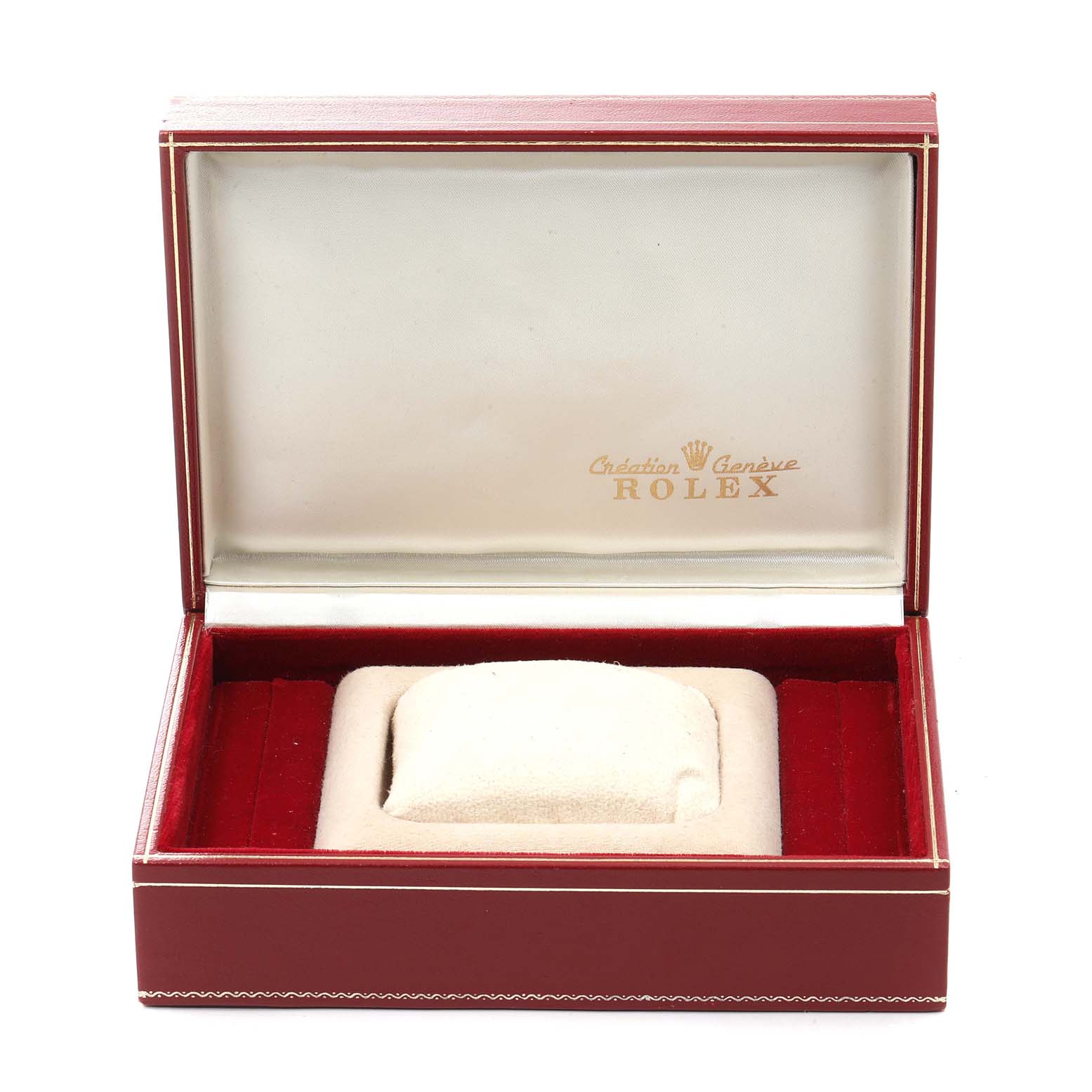 The image shows an open box for a Rolex President 6827 Women's Yellow Gold White Dial 6827 Women's Yellow Gold White Dial model, displaying the interior with a cushioned pillow for the watch.