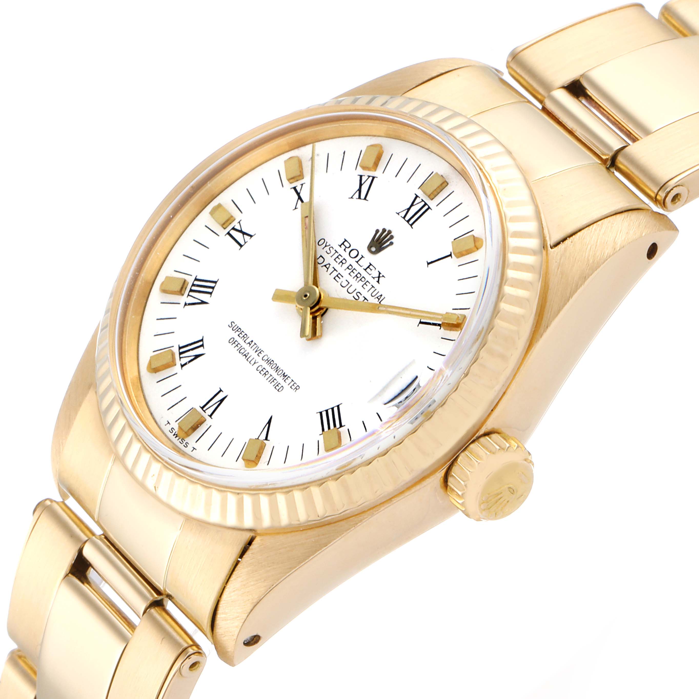 The image shows a gold Rolex President 6827 Women's Yellow Gold White Dial 6827 Women's Yellow Gold White Dial Datejust watch at an angle displaying the face, crown, and part of the bracelet.