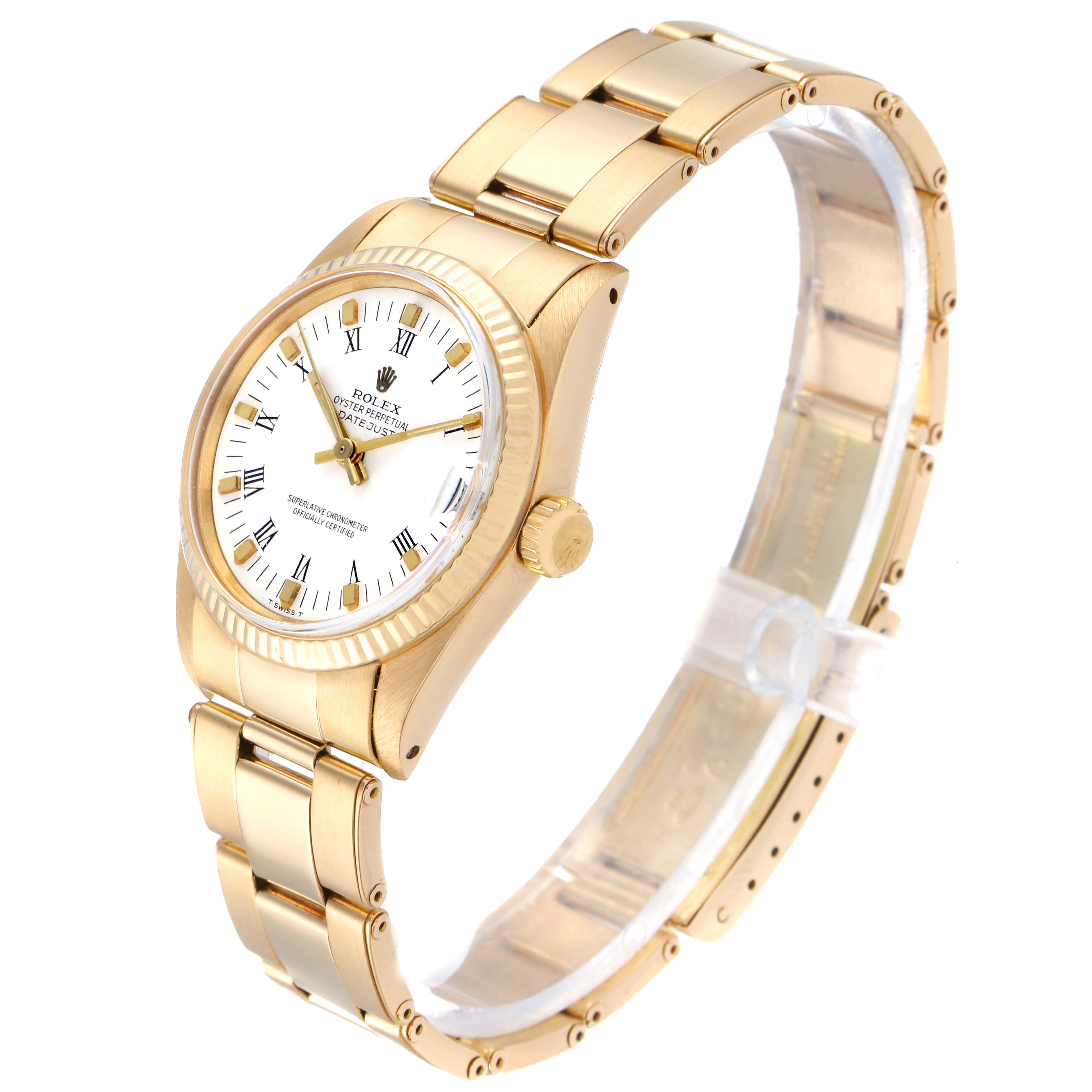 The image shows a gold Rolex President 6827 Women's Yellow Gold White Dial 6827 Women's Yellow Gold White Dial model watch at an angled side view, highlighting the bracelet, case, crown, and dial.