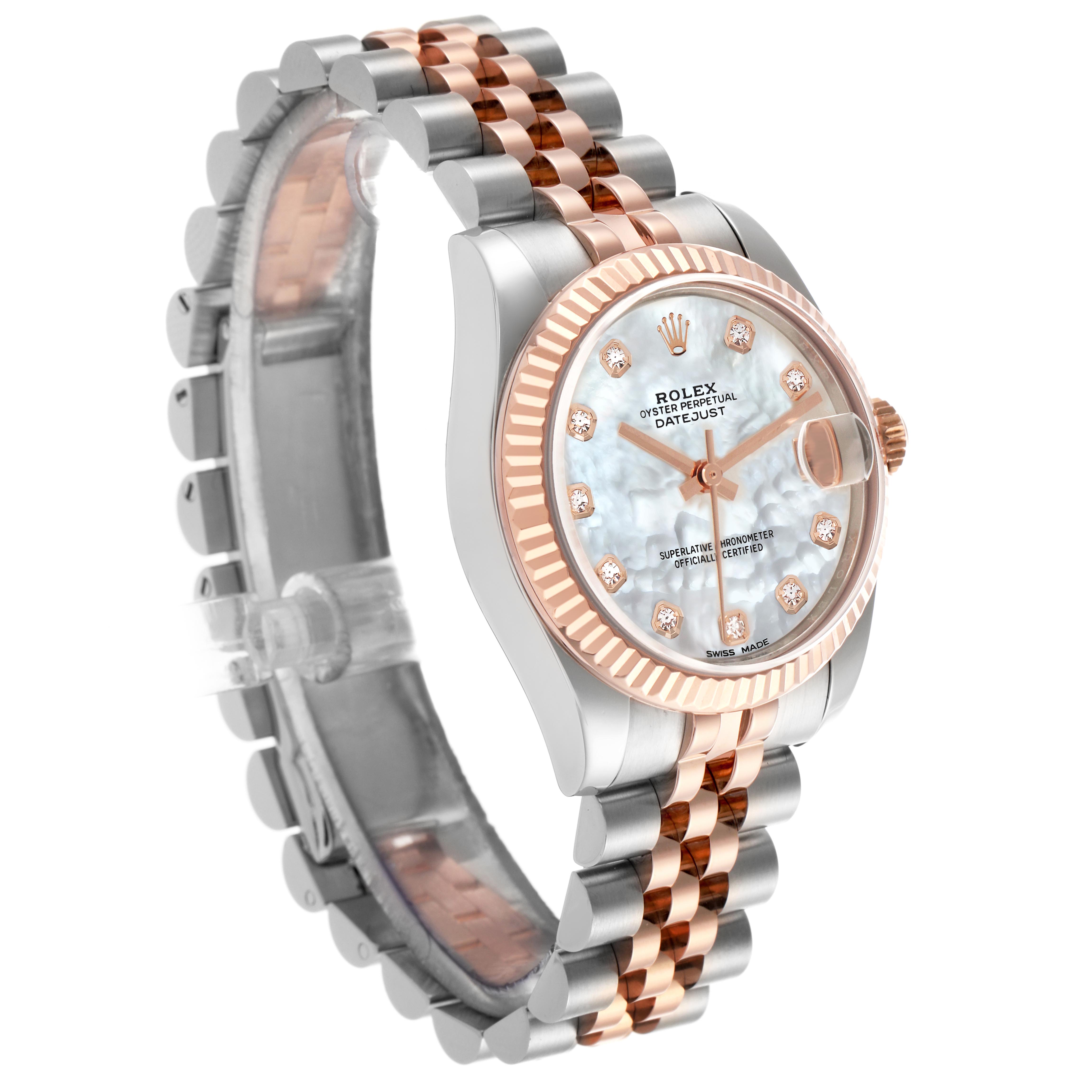 This image shows a Rolex Mid-Size 178271 Women's Steel and Gold (two tone) Mother of Pearl Dial 178271 Women's Steel and Gold (two tone) Mother of Pearl Dial Datejust at a three-quarter angle, highlighting the dial, bracelet, and fluted bezel.