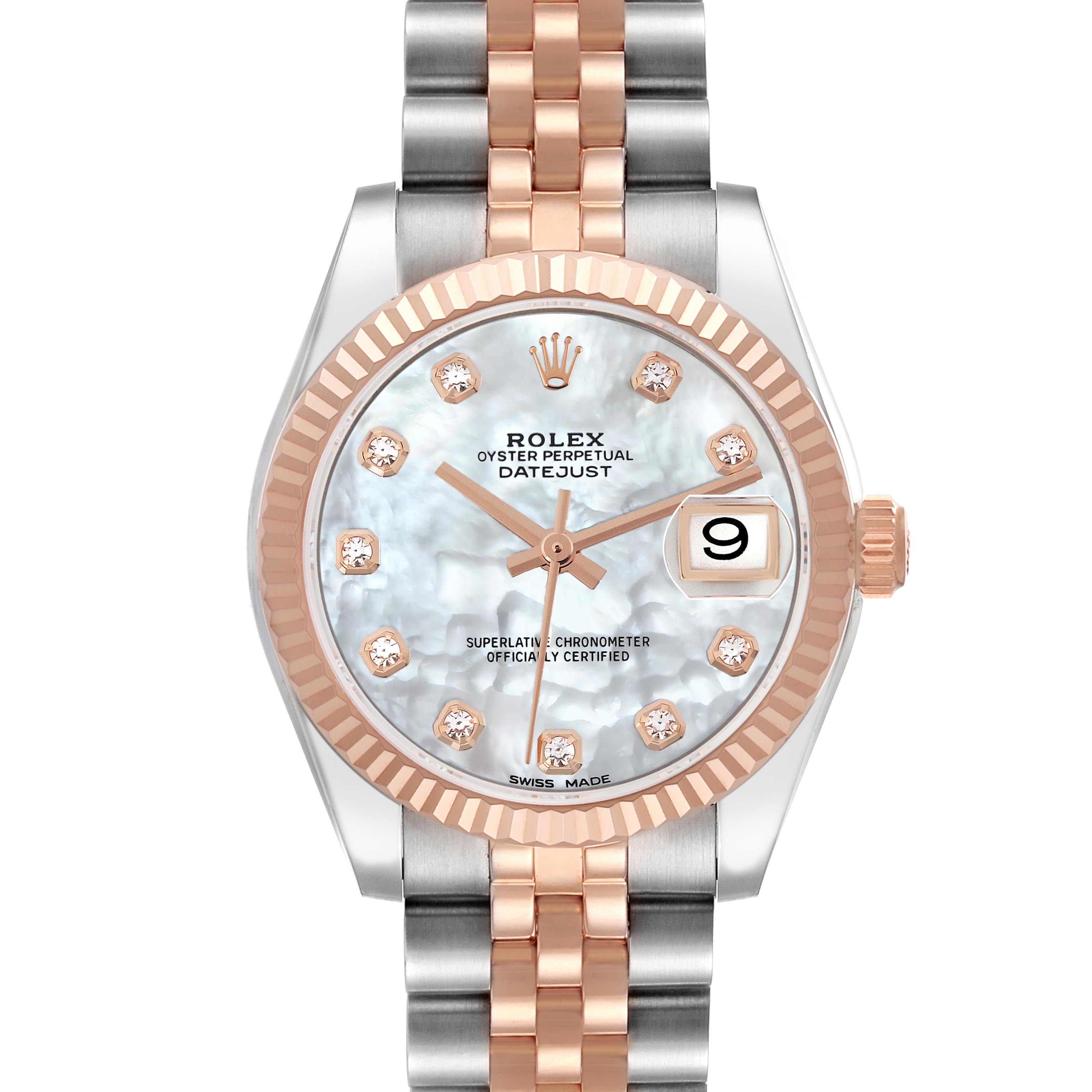 The Rolex Mid-Size 178271 Women's Steel and Gold (two tone) Mother of Pearl Dial 178271 Women's Steel and Gold (two tone) Mother of Pearl Dial watch is shown from the front, displaying its face, hands, fluted bezel, and two-tone bracelet.