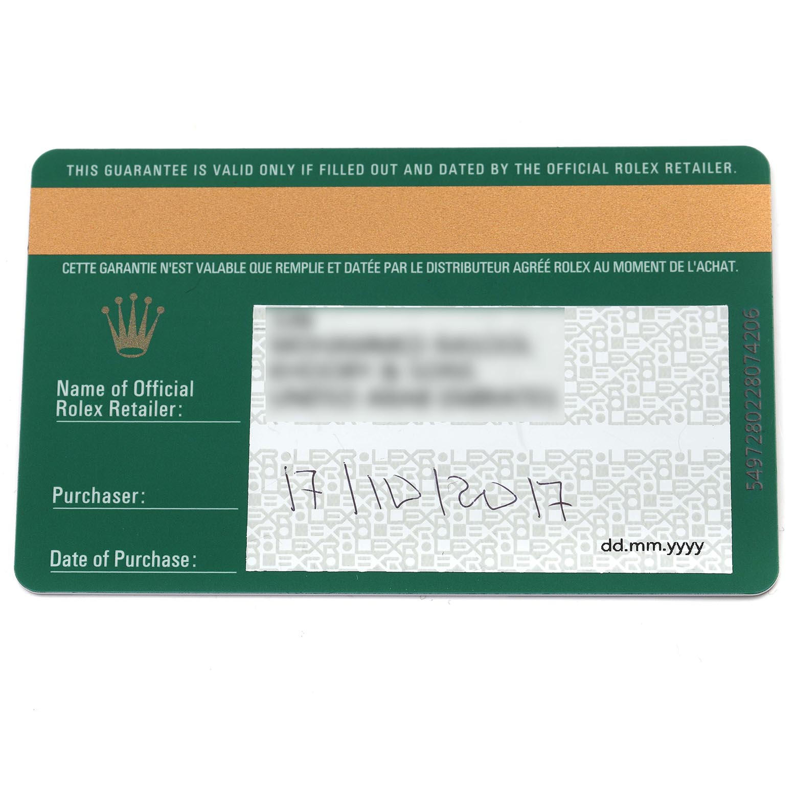 The image shows a Rolex guarantee card for a Mid-Size model, viewed from above.