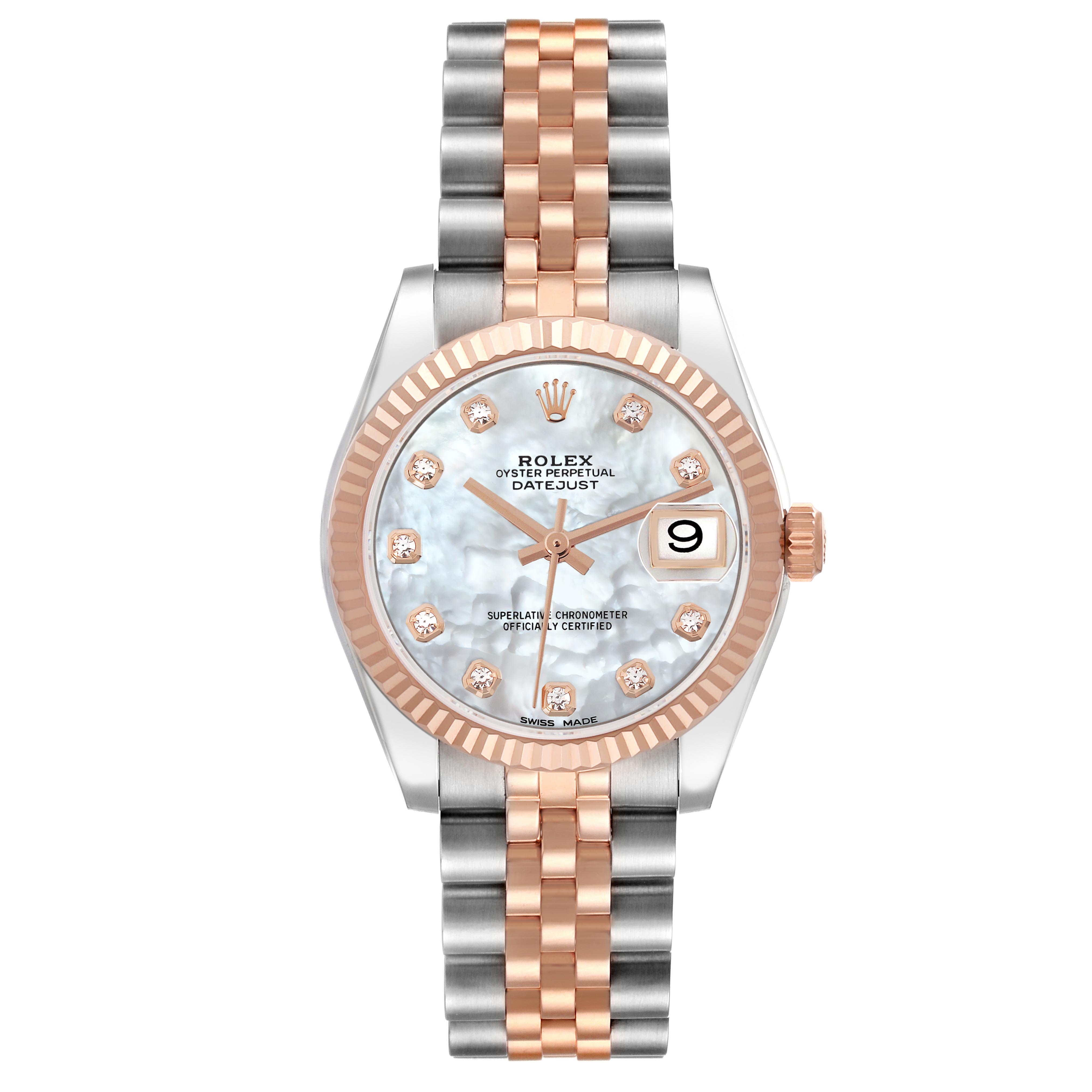 The Rolex Mid-Size 178271 Women's Steel and Gold (two tone) Mother of Pearl Dial 178271 Women's Steel and Gold (two tone) Mother of Pearl Dial watch is shown from the front, displaying its dial, bezel, crown, and two-tone bracelet.