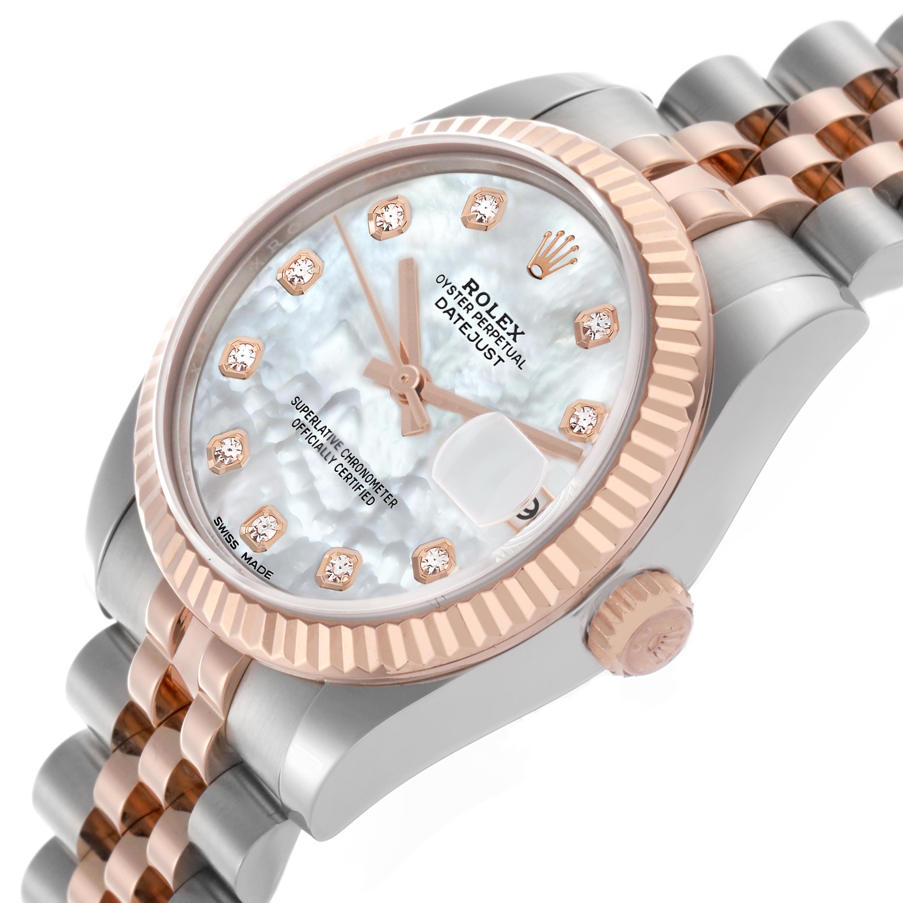 The Rolex Mid-Size 178271 Women's Steel and Gold (two tone) Mother of Pearl Dial 178271 Women's Steel and Gold (two tone) Mother of Pearl Dial watch is shown at an angled view, highlighting the face, crown, bezel, and part of the bracelet.