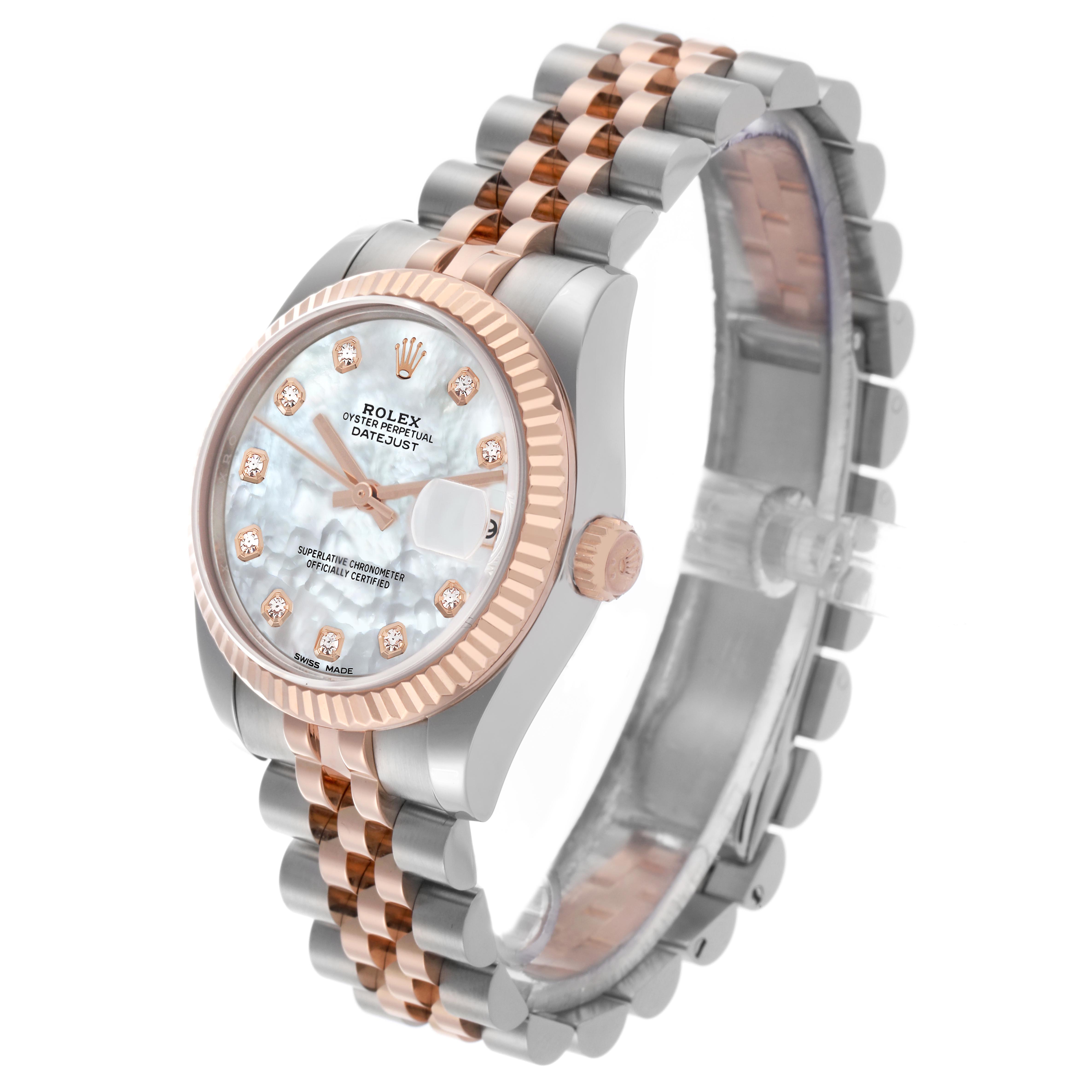 The Rolex Mid-Size 178271 Women's Steel and Gold (two tone) Mother of Pearl Dial 178271 Women's Steel and Gold (two tone) Mother of Pearl Dial watch is shown at an angled side view, highlighting the face, crown, bezel, and two-tone bracelet.