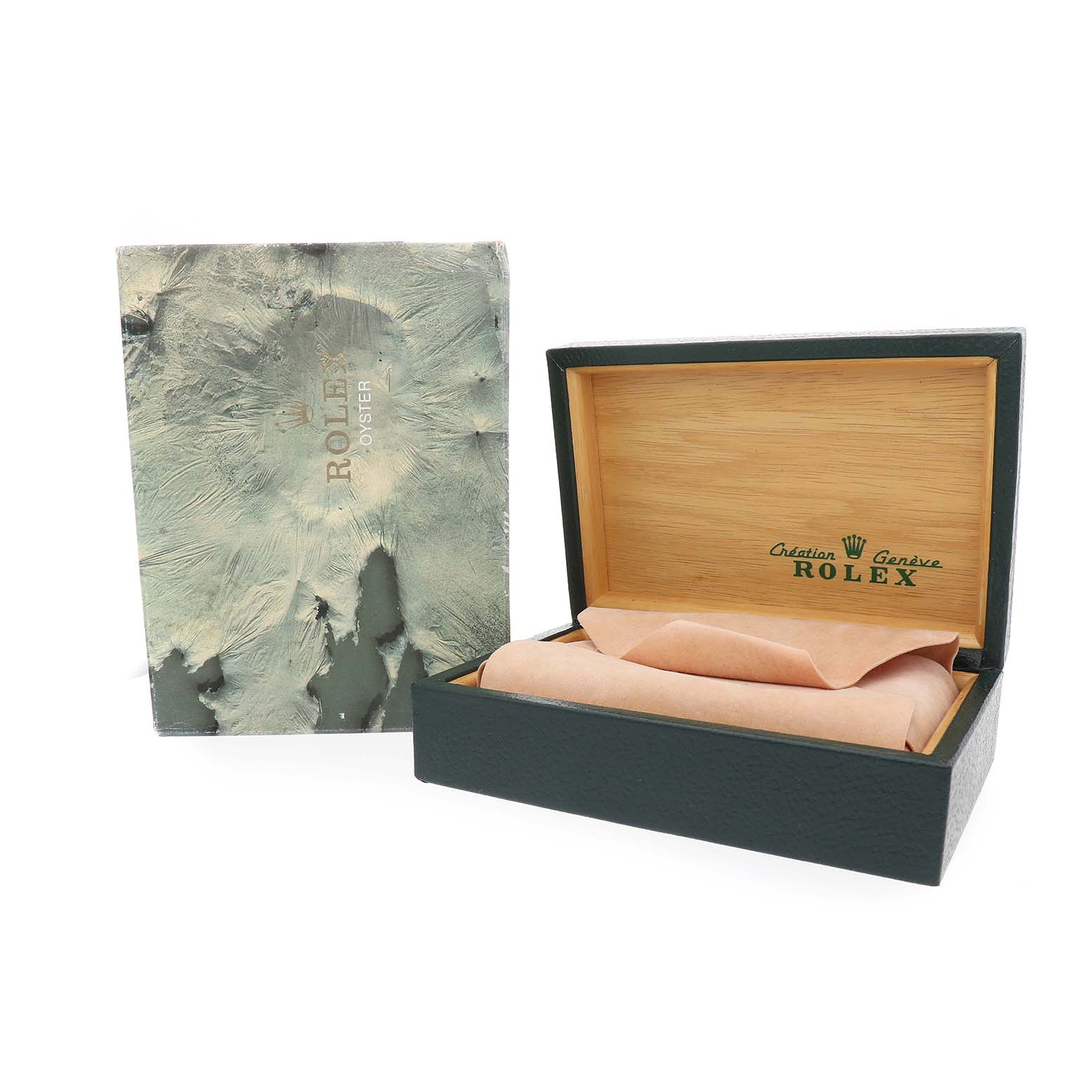 The image shows a Rolex Datejust 16220 Men's Stainless Steel Silver Dial box and packaging, with the box open, revealing the interior lining.