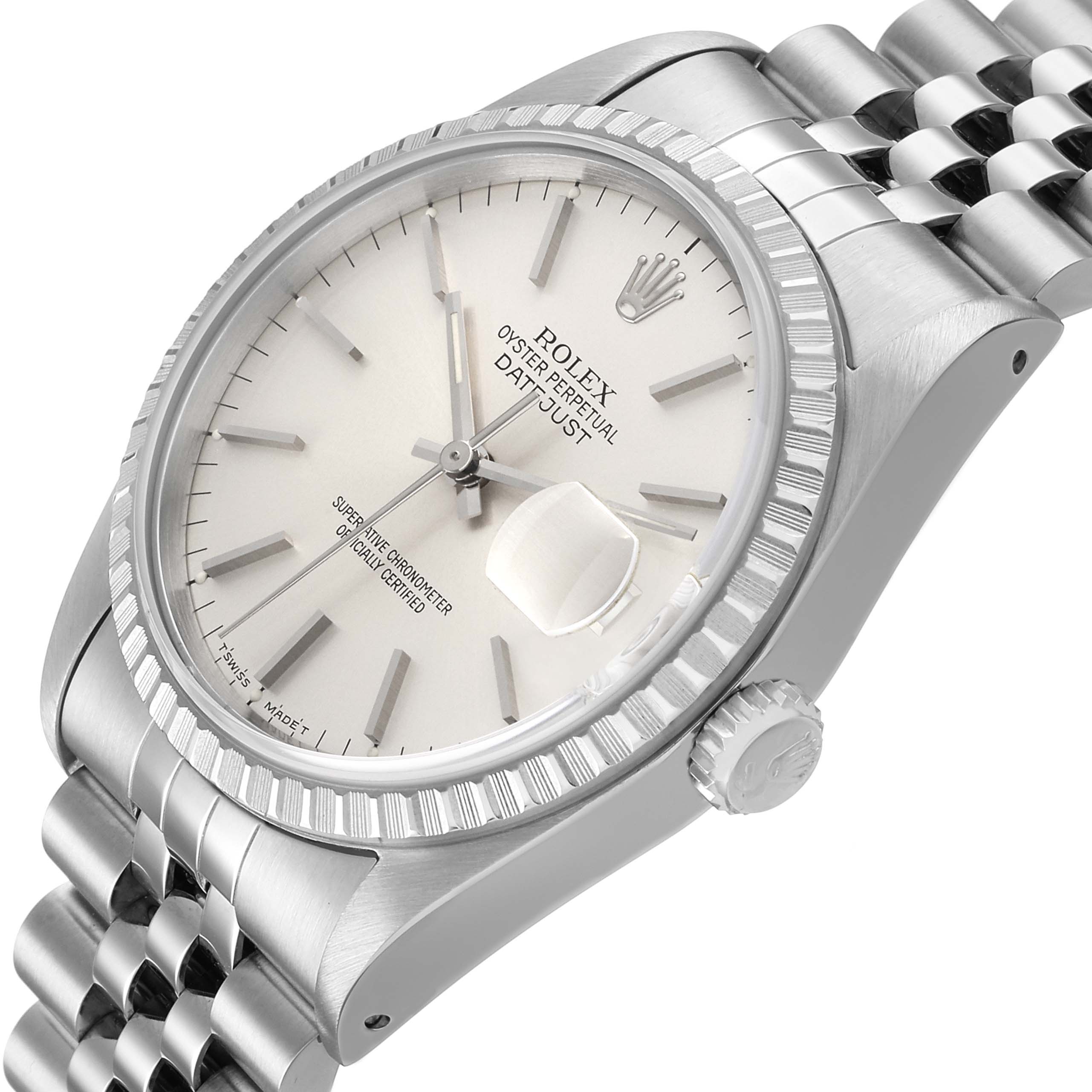 The Rolex Datejust 16220 Men's Stainless Steel Silver Dial watch is shown at an angle highlighting the dial, bezel, crown, and partially the bracelet.