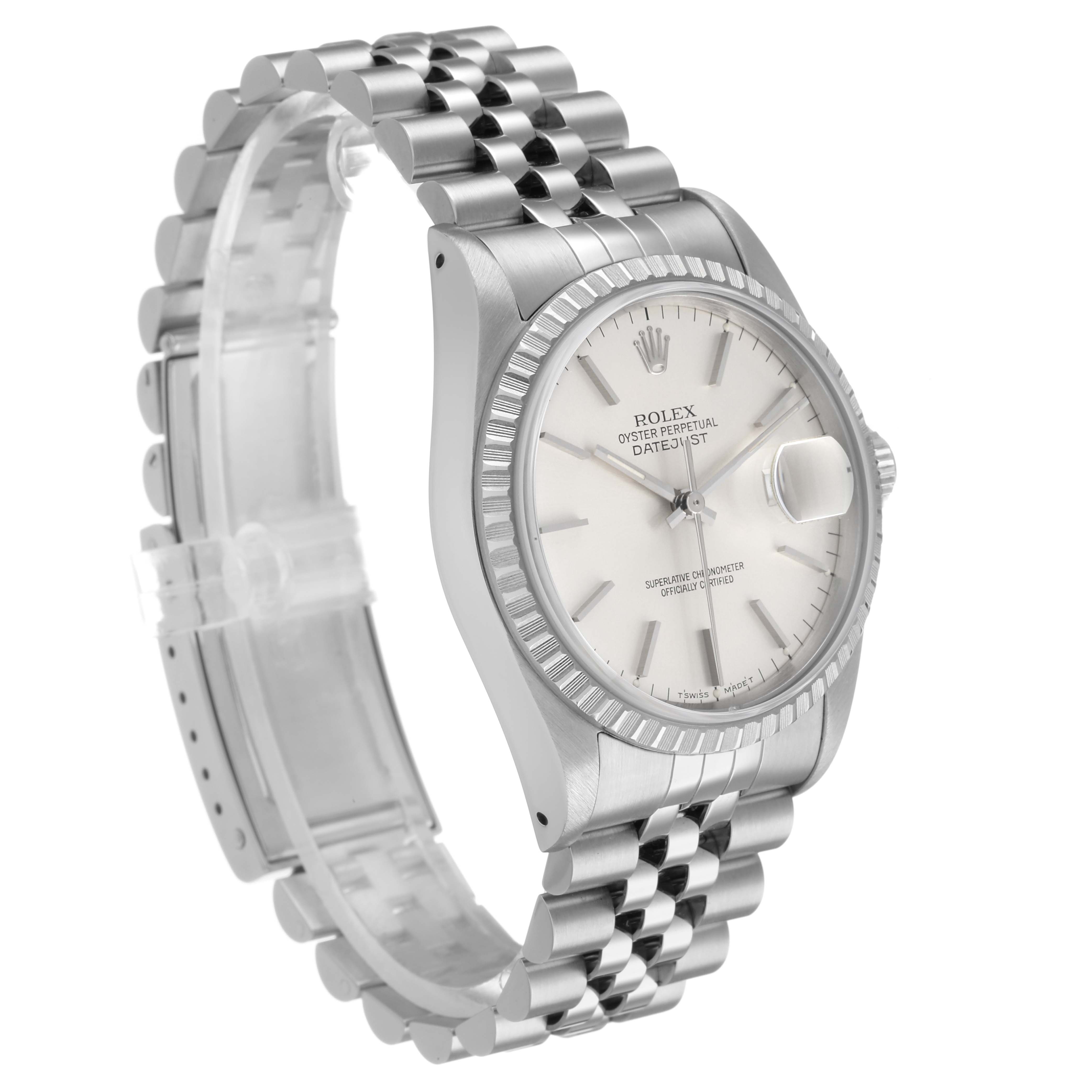 The Rolex Datejust 16220 Men's Stainless Steel Silver Dial watch is shown at a three-quarter angle highlighting the dial, bezel, and Jubilee bracelet.