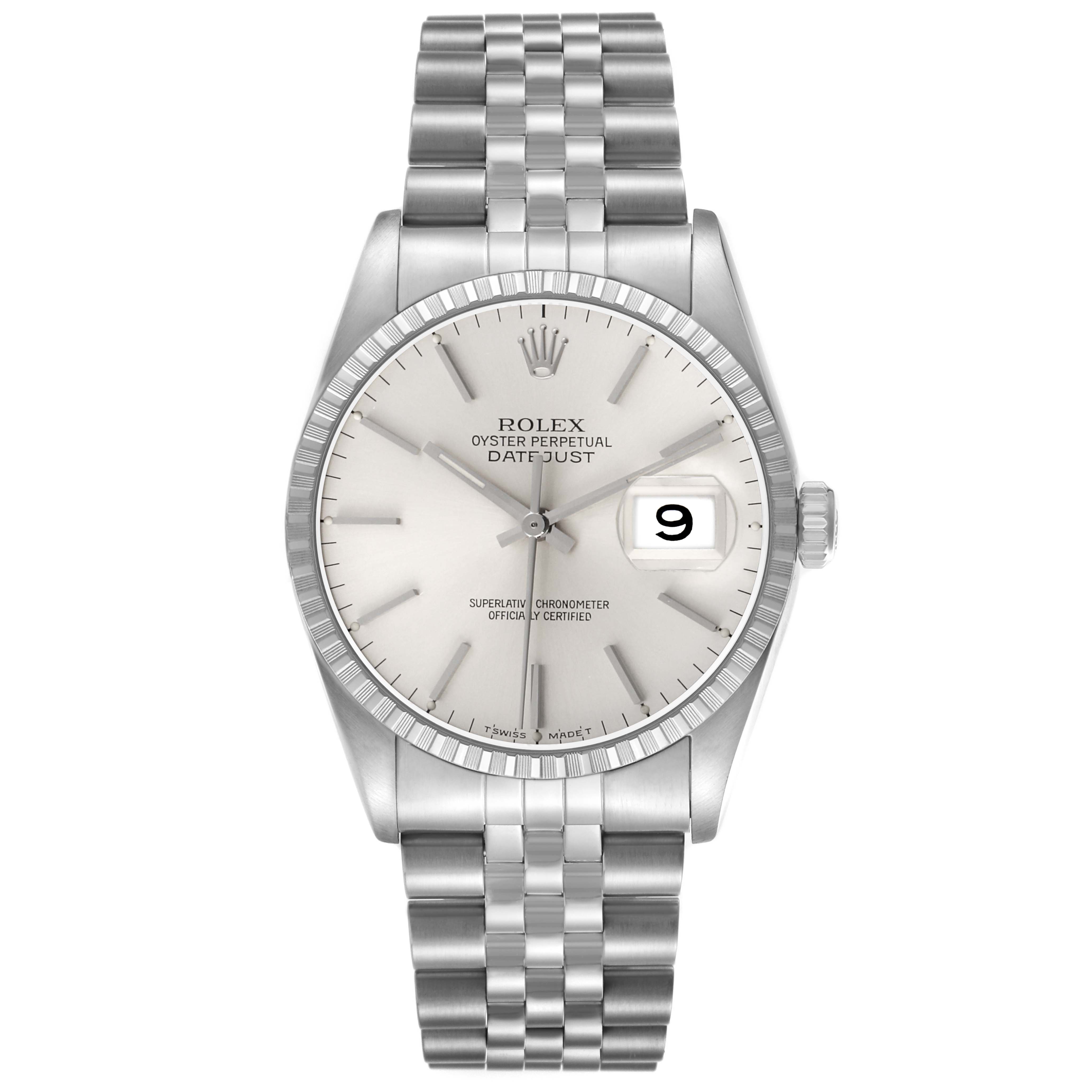 The Rolex Datejust 16220 Men's Stainless Steel Silver Dial watch is shown from the front, displaying the dial, bezel, bracelet, and date window.