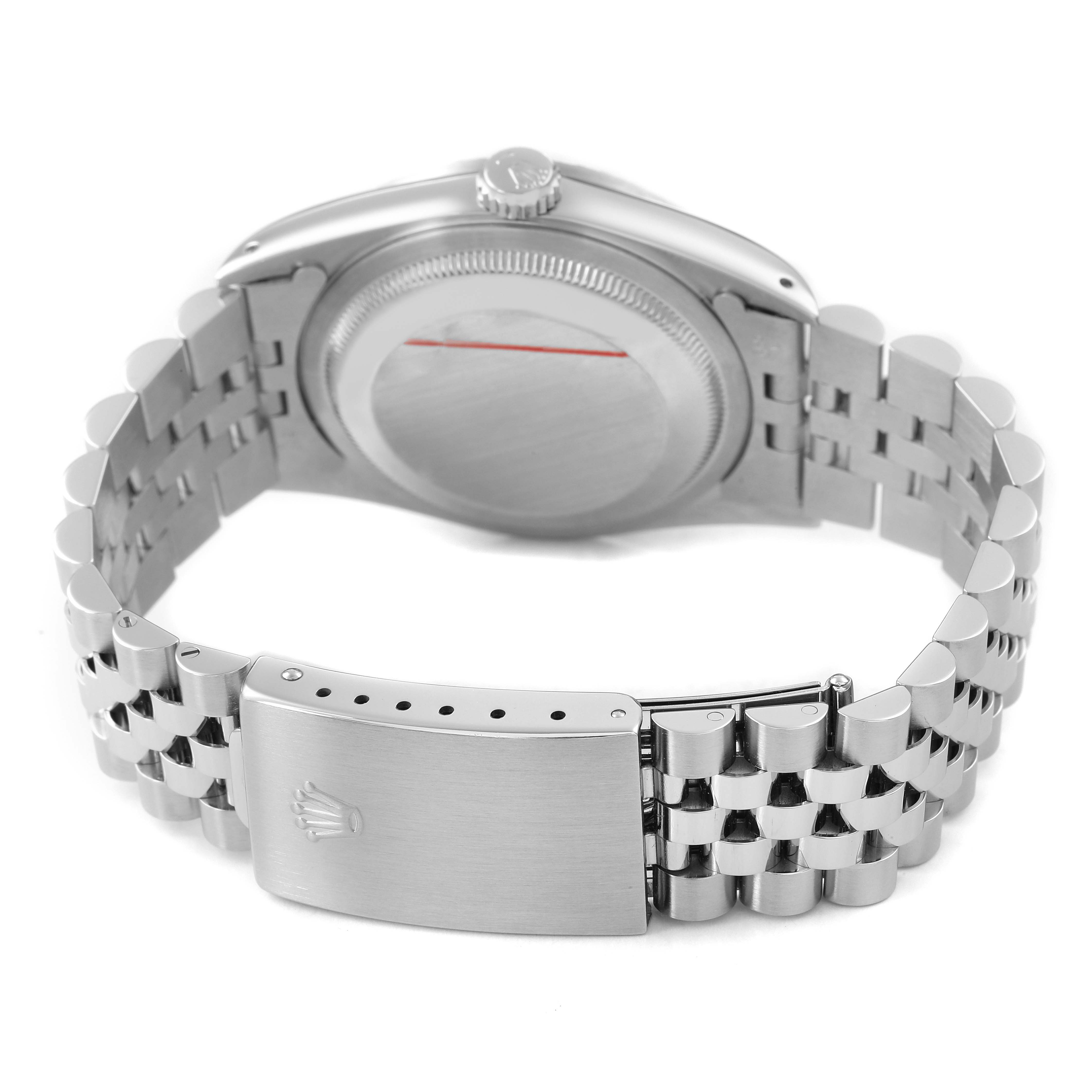 The image shows the back and bracelet of a Rolex Datejust 16220 Men's Stainless Steel Silver Dial, highlighting the clasp and crown from a rear angle.