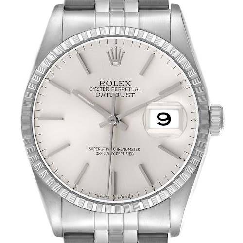 The image shows a front view of a Rolex Datejust 16220 Men's Stainless Steel Silver Dial, highlighting the dial, hands, date window, and part of the bracelet.